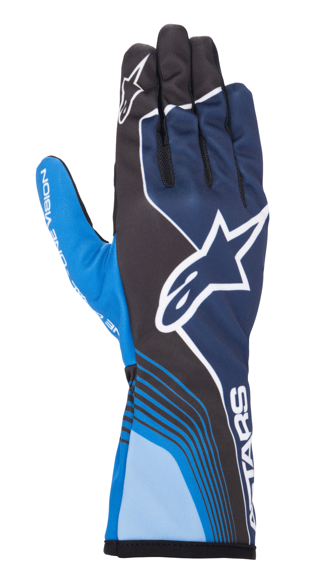 Alpinestars Tech-1 K Race V2 Future Gloves, Karting Racing Gloves, Navy Blue and Light Blue with Black accents, featuring a large white star logo, dynamic curved lines, mesh finger sections, and a sporty motorsport design with white branding