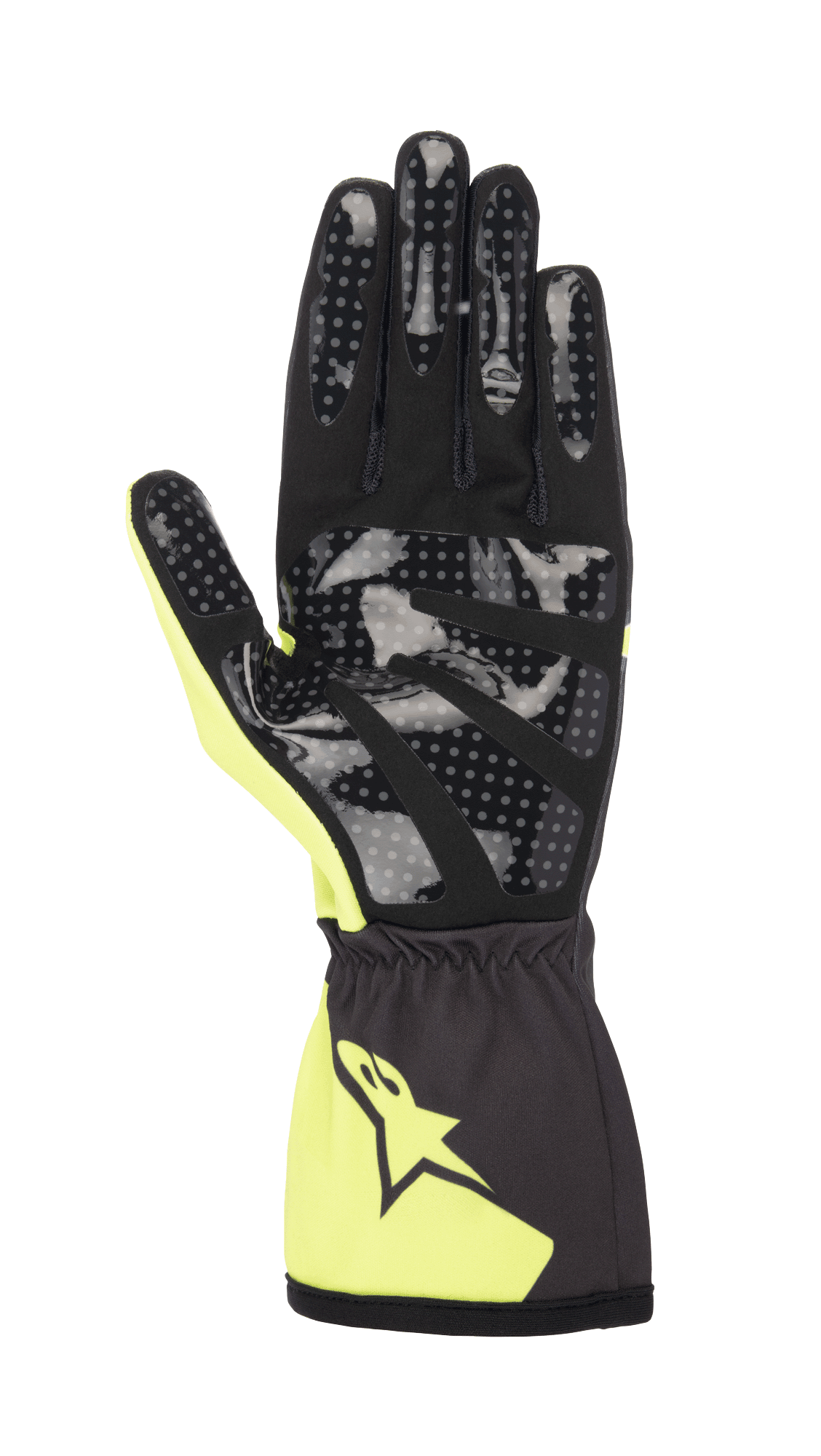 Alpinestars Youth Tech-1 K Race S V2 Corporate Handschuhe, Kart-Handschuhe, Anthrazit und Lime, Handflächenansicht mit gepunktetem Silikon-Grip-Druck, Handfläche aus synthetischem Wildleder und elastisches Bündchen mit Alpinestars-Logo