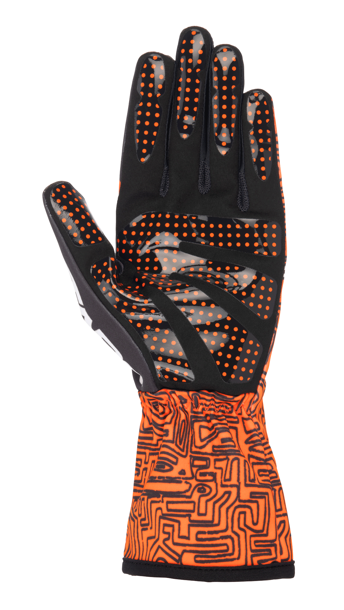 Alpinestars Tech-1 K Race V2 Vertical Handschuhe, Kart-Handschuhe, Fluo-Orange und Schwarz, Ansicht der Handfläche mit schwarzem Synthetik-Wildleder und orangefarbenem Silikon-Punktgrip, Stulpenmanschette mit aufwendigem schwarzem Grafikmuster, entwickelt für präzise Kontrolle beim Karting.
