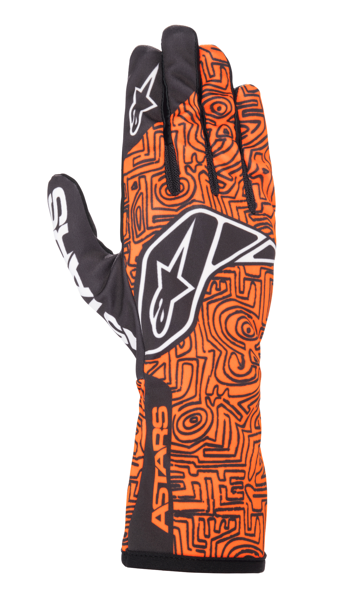 Alpinestars Tech-1 K Race V2 Vertical Handschuhe, Kart-Rennhandschuhe, Neon-Orange und Schwarz, aufwendiges labyrinthartiges geometrisches Muster, weißes Alpinestars-Logo auf dem Handrücken und Zeigefinger, ASTARS-Branding am Handgelenk, leichtes atmungsaktives Mesh-Design