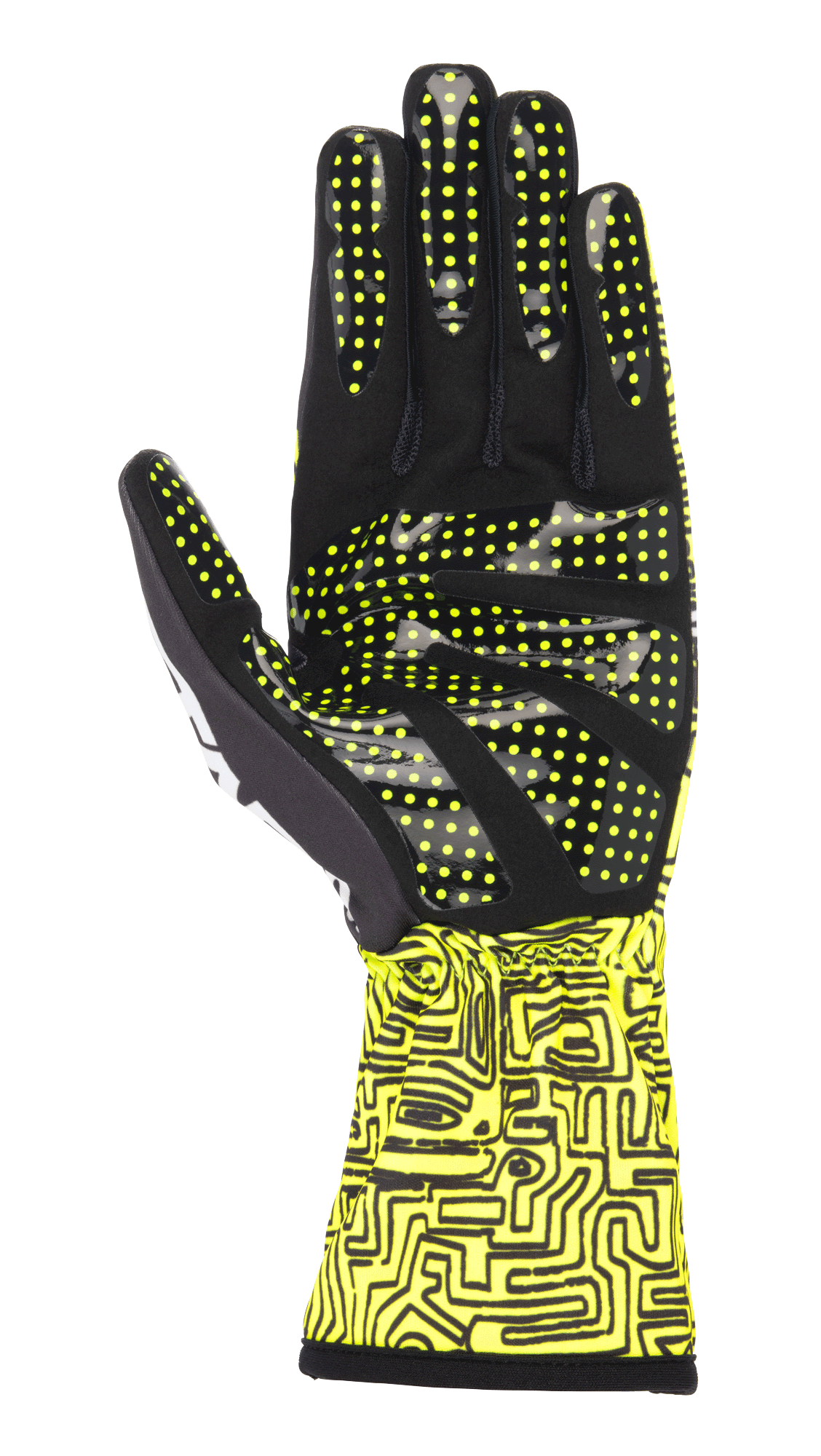 Alpinestars Tech-1 K Race V2 Vertical Gloves, Yellow Fluo and Black, palm view highlighting silicone grip pattern with yellow dots, abstract digital print on gauntlet cuff, specialized karting glove design