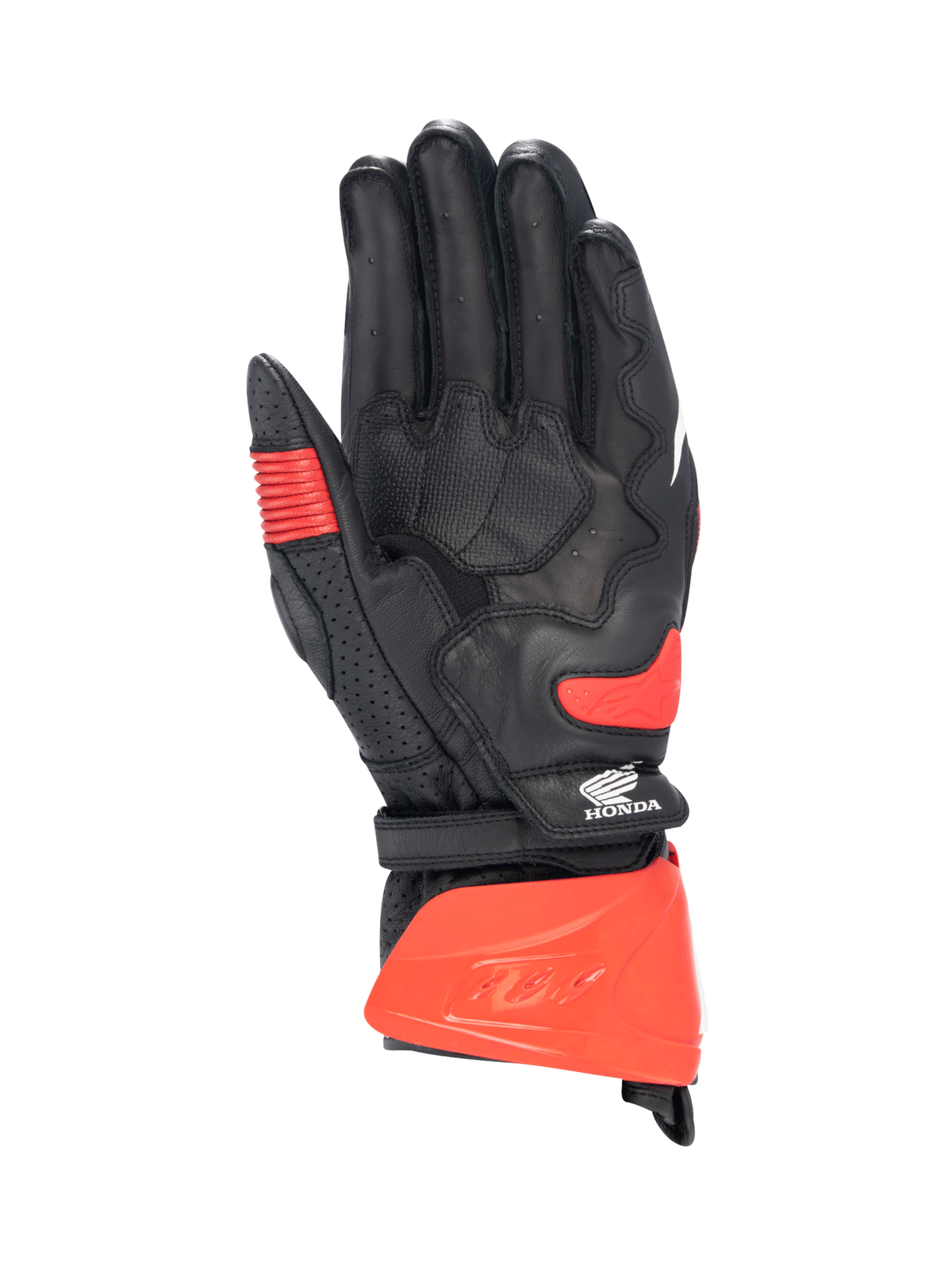 Alpinestars Honda GP Pro R3 Gloves, black and bright red motorcycle racing gauntlet, kangaroo leather palm, CE certified.