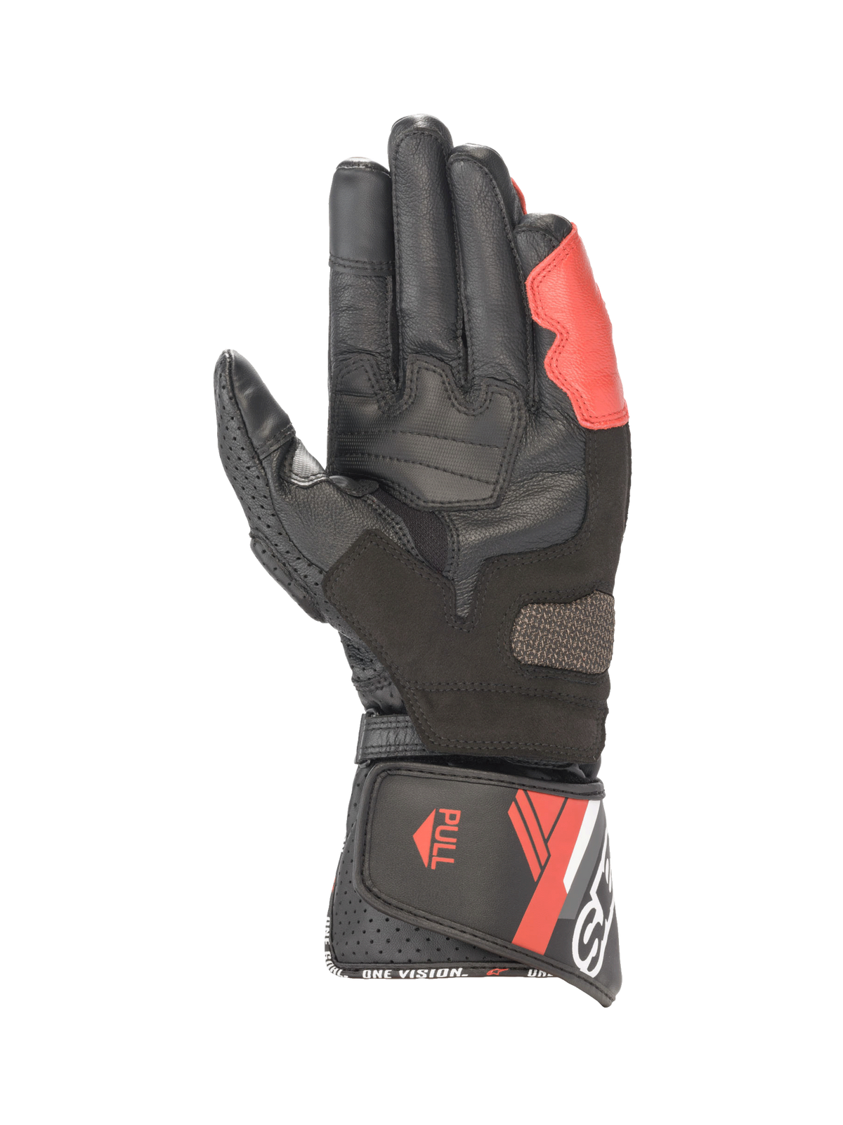 Alpinestars SP-8 V3 Handschuhe, Motorradhandschuhe aus Leder, Schwarz und Rot, Handflächenansicht mit Grip-Einsatz.