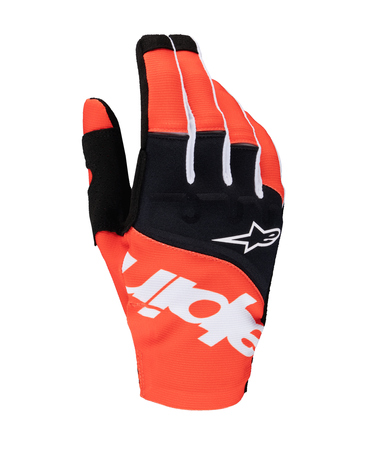 Alpinestars 2025 Techstar Handschuhe, Motocross-Handschuhe, Schwarz und Hot Orange, mit weißem Alpinestars-Schriftzug auf dem Handrücken, weißem Stern-Logo auf dem schwarzen Knöchelbereich, Performance-Textilausrüstung für Offroad-Rennsport