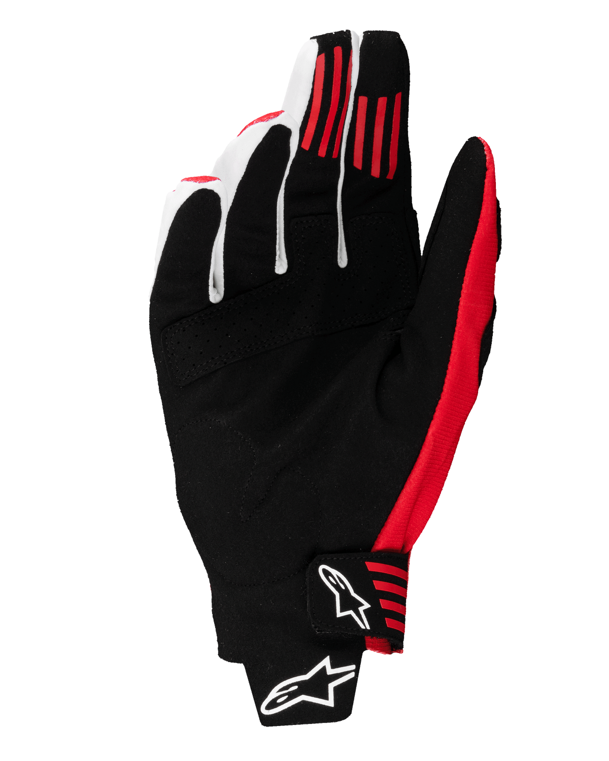 Alpinestars 2025 Techstar Handschuhe, Motocross-Handschuhe, Schwarz und Hellrot, Handflächenansicht mit Konstruktion aus synthetischem Wildleder, rote Silikon-Grip-Streifen an den Fingern und geformter Handgelenkverschluss mit weißen Alpinestars-Logos