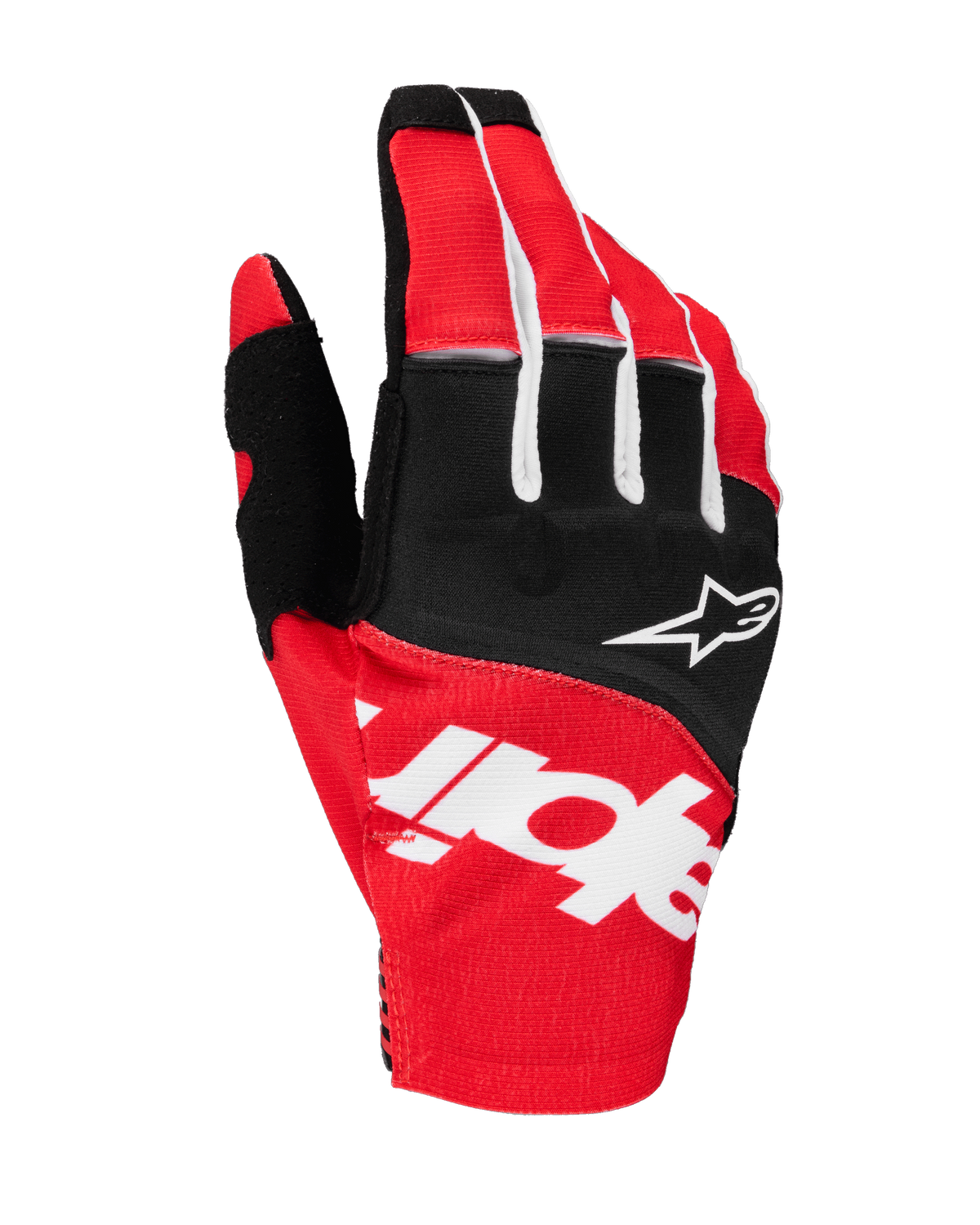 Alpinestars 2025 Techstar Handschuhe, Motocross-Handschuhe, Schwarz und Hellrot mit weißen Akzenten, mit großem sublimiertem Alpinestars-Branding auf der Oberhand und Stern-Logo auf den Knöcheln, strapazierfähiges Stretchgewebe für den Offroad-Rennsport