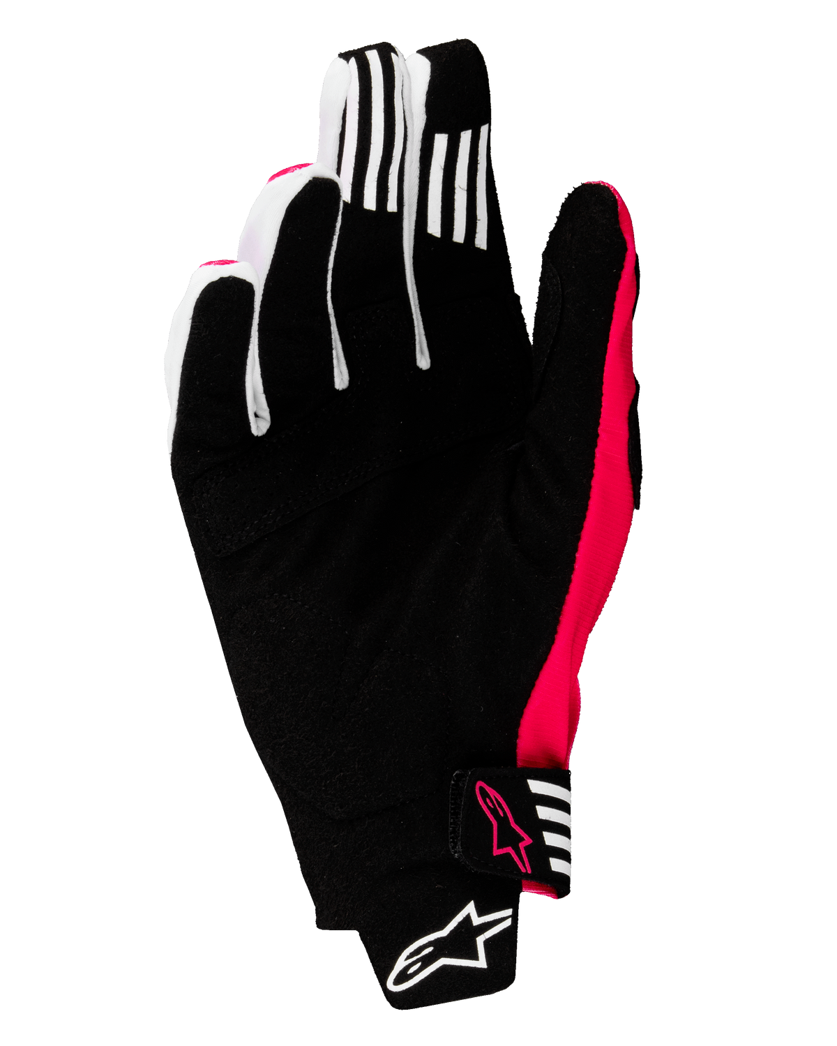 Alpinestars 2025 Techstar Handschuhe, Motocross-Handschuhe, Schwarz und Pink Fluo, Handflächenansicht mit verstärktem synthetischem Wildleder, weiße Grip-Streifen an den Fingern, pinke Fluo-Akzente und Logos, nahtloser Handgelenkverschluss mit Alpinestars-Branding