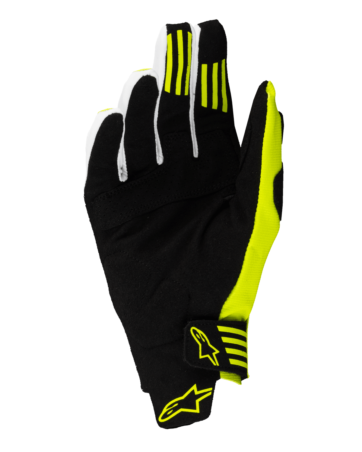 Alpinestars 2025 Techstar Handschuhe, Motocross-Handschuhe, Schwarz und Gelb Fluo, Handflächenansicht mit verstärktem synthetischem Wildleder, Silikon-Grip-Streifen an Zeige- und Mittelfinger sowie ein sicherer Handgelenksverschluss mit gelben Logos.