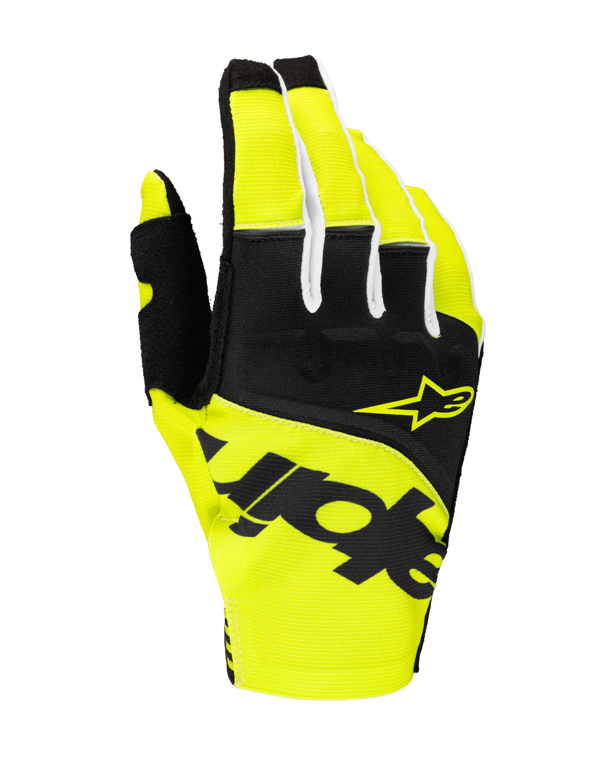 Alpinestars 2025 Techstar Handschuhe, Motocross-Rennhandschuhe, Schwarz und Gelb Fluo, mit gelbem Stern-Logo und markantem schwarzen Branding, Textilkonstruktion mit Micro-Ripstop für Offroad-Performance