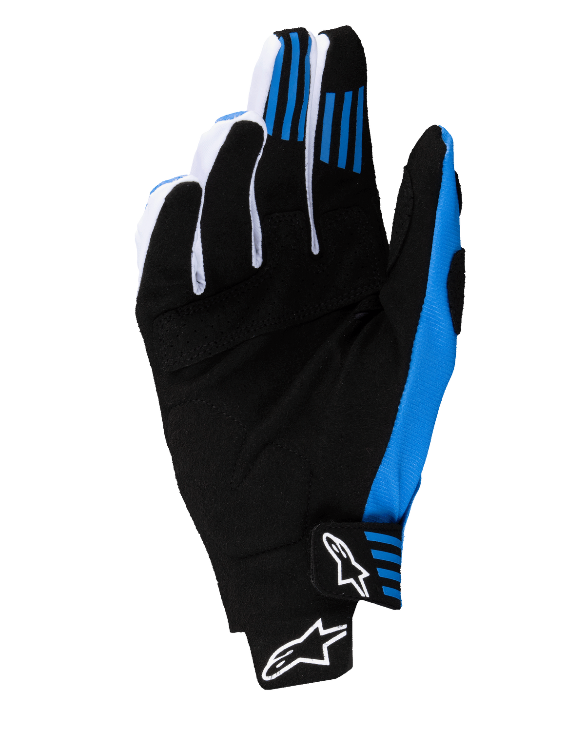 Alpinestars 2025 Techstar Handschuhe, Motocross-Handschuhe, Schwarz und Blau, Handflächenansicht zeigt verstärkte Konstruktion aus synthetischem Wildleder, blaue Silikon-Gripelemente an den Fingern und nahtlosen Handgelenkverschluss mit weißen Astars-Logos.