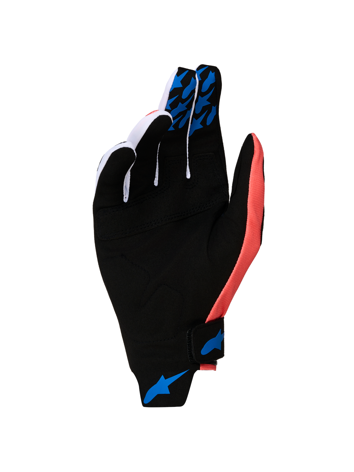 Alpinestars Techstar Handschuhe 2027, Motocrosshandschuhe, Schwarz und Pink, Wildleder-Handfläche mit blauen Silikon-Grips.