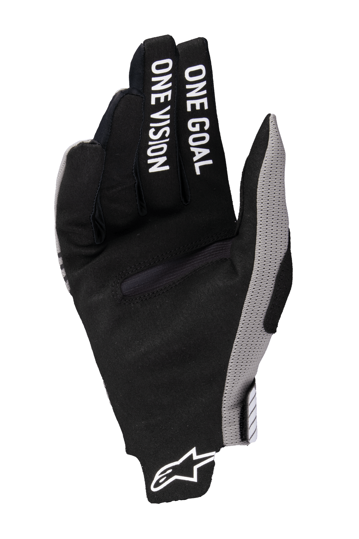 Alpinestars 2025 Radar Pro Handschuhe, Motocross-Handschuhe, Schwarz mit grauen Akzenten, Handflächenansicht mit „ONE GOAL ONE VISION“-Aufdruck auf den Fingern, synthetisches Wildledermaterial, minimalistisches Design für Offroad-Performance