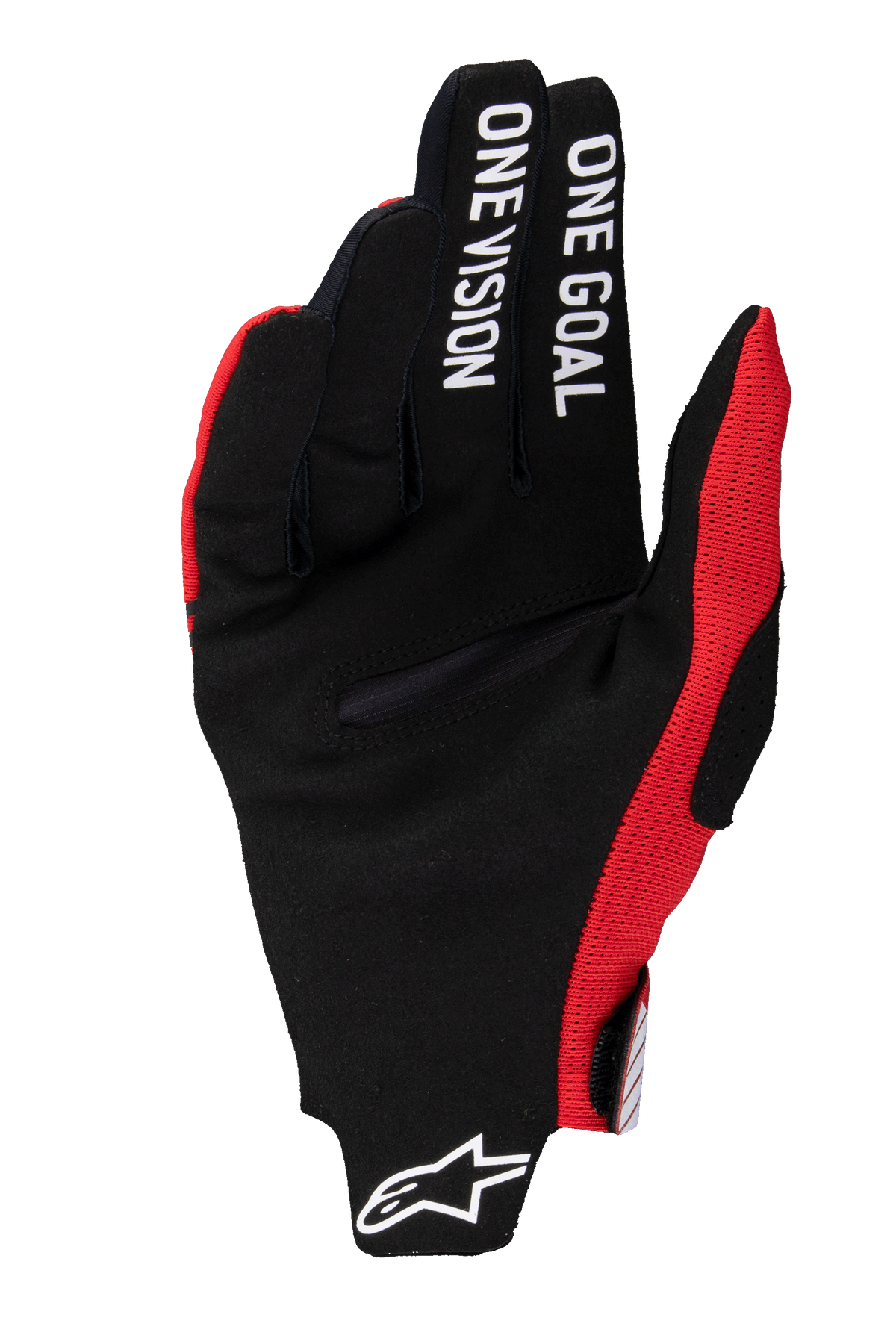 Alpinestars 2025 Radar Pro Handschuhe, Motocross-Handschuhe, Hellrot, schwarze Handfläche aus synthetischem Wildleder mit „ONE GOAL ONE VISION“ Text auf den Fingern, rote Mesh-Akzente, weißes Astars-Logo auf der Manschette, minimalistisches Design für maximale Kontrolle