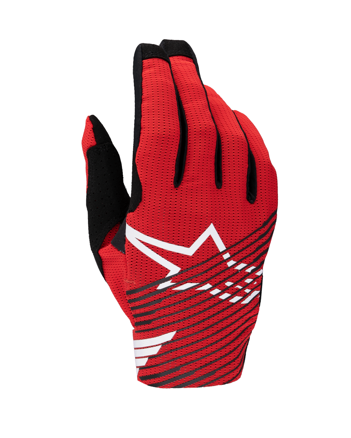 Alpinestars 2025 Radar Pro Handschuhe, Motocross-Handschuhe, leuchtendes Rot, Schwarz und Weiß, mit einem großen weißen Stern-Logo und schwarzen Diagonalstreifen auf einer atmungsaktiven Mesh-Oberhand, leichte Performance-Ausrüstung für den Offroad-Rennsport