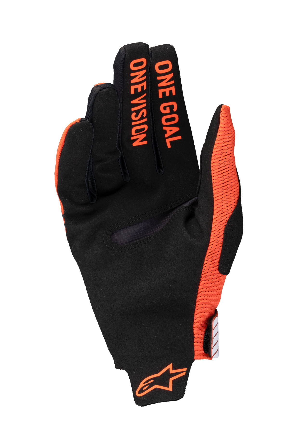 Alpinestars 2025 Radar Pro Handschuhe, Motocross-Handschuhe, Hot Orange und Schwarz, Handflächenansicht mit 'ONE GOAL ONE VISION'-Schriftzug auf den Fingern und orangefarbenem Logo am Handgelenk, synthetisches Wildleder und atmungsaktive Mesh-Konstruktion für Offroad-Performance.