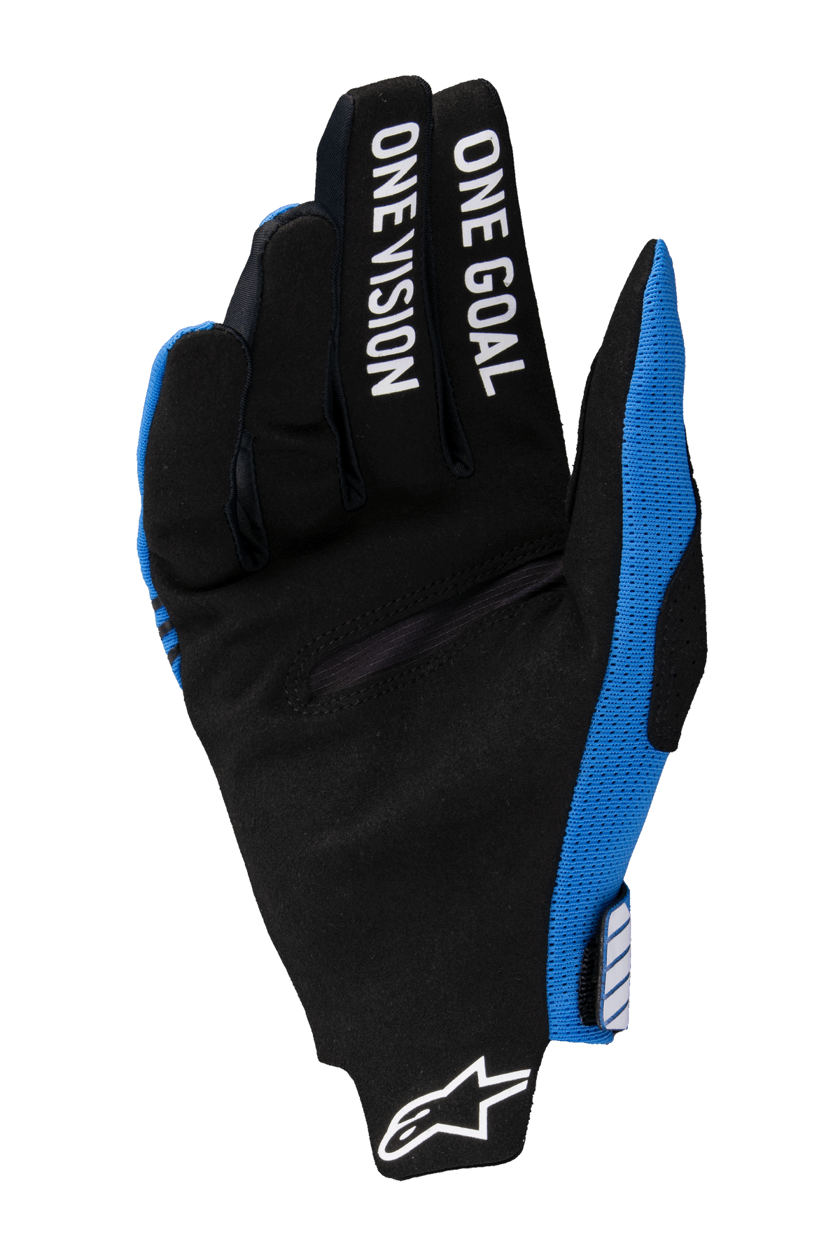 Alpinestars 2025 Radar Pro Handschuhe, Motocross-Handschuhe, Blau und Schwarz, Handflächenansicht mit schwarzem synthetischem Wildleder, weißer Aufdruck „ONE GOAL ONE VISION“ auf den Fingern, weißes Alpinestars-Logo am Handgelenk, leichtes Offroad-Rennsport-Design