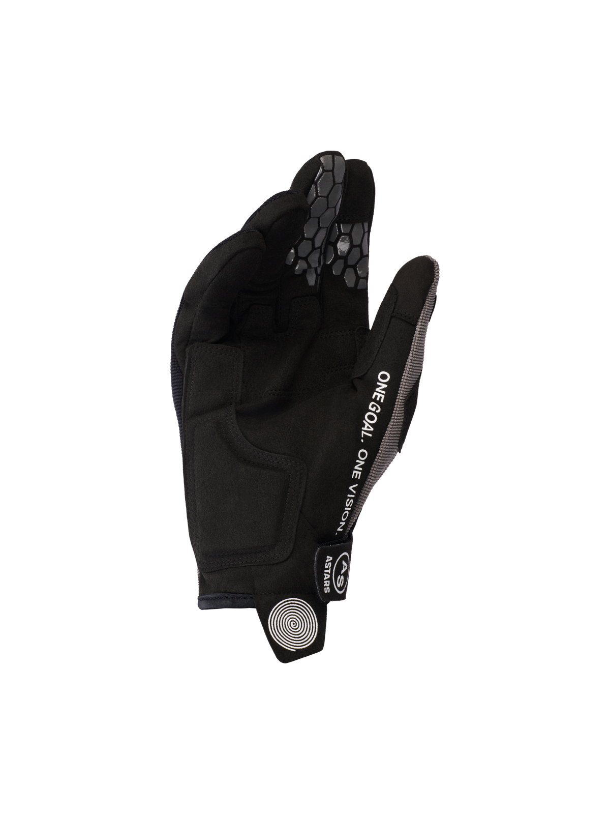Alpinestars 2026 Pro-Dura Gloves, Black Gray, view of synthetic suede palm and silicone honeycomb finger grips, featuring 'ONE GOAL. ONE VISION.' text and white spiral logo on the pull tab, durable off-road motorcycle gear