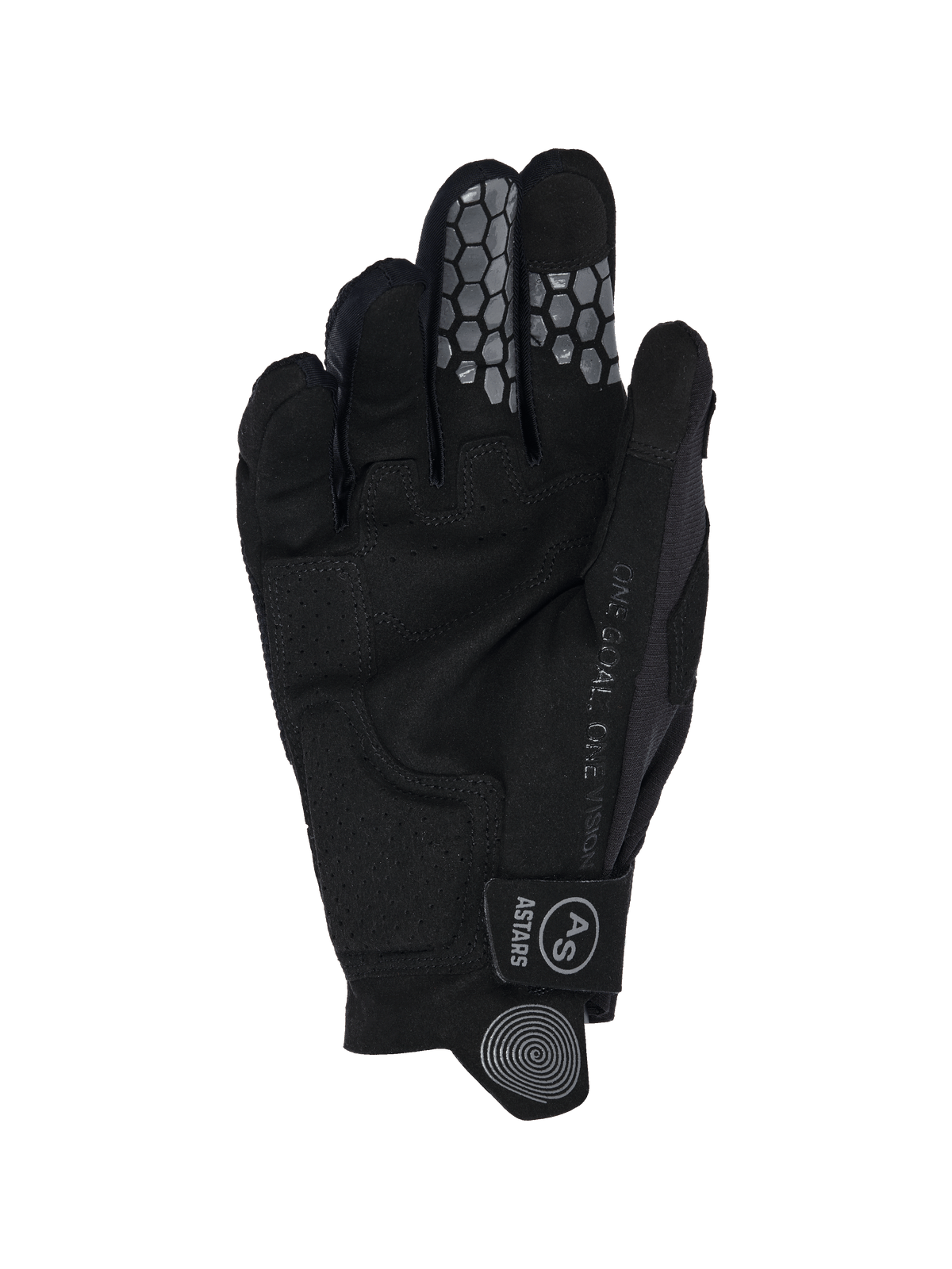 Alpinestars 2026 Radar Pro Handschuhe, Motocross-Handschuhe, Schwarz, Handflächenansicht mit Konstruktion aus synthetischem Wildleder, grauer Waben-Silikon-Grip an Zeige- und Mittelfinger, „One Goal. One Vision.“ Schriftzug an der Seite und Klettverschlussriemen mit AS-Logo.