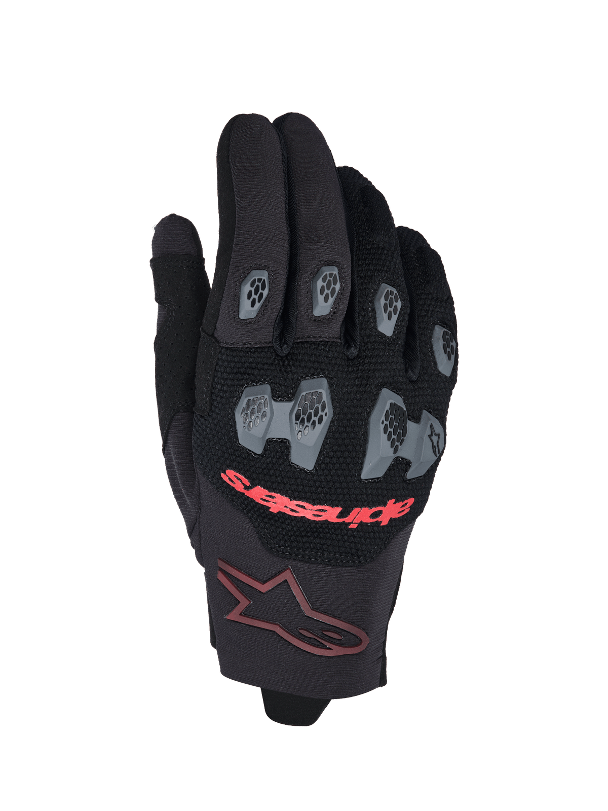 Alpinestars 2026 Pro-Dura Handschuhe, Motocross- und Enduro-Handschuhe, Schwarz und Hellrot, mit grauen TPR-Knöchel- und Fingerschützern mit hexagonalem Muster, atmungsaktiver Mesh-Oberhand, rotem Alpinestars-Schriftzug und einem weinroten Stern-Logo an der Manschette