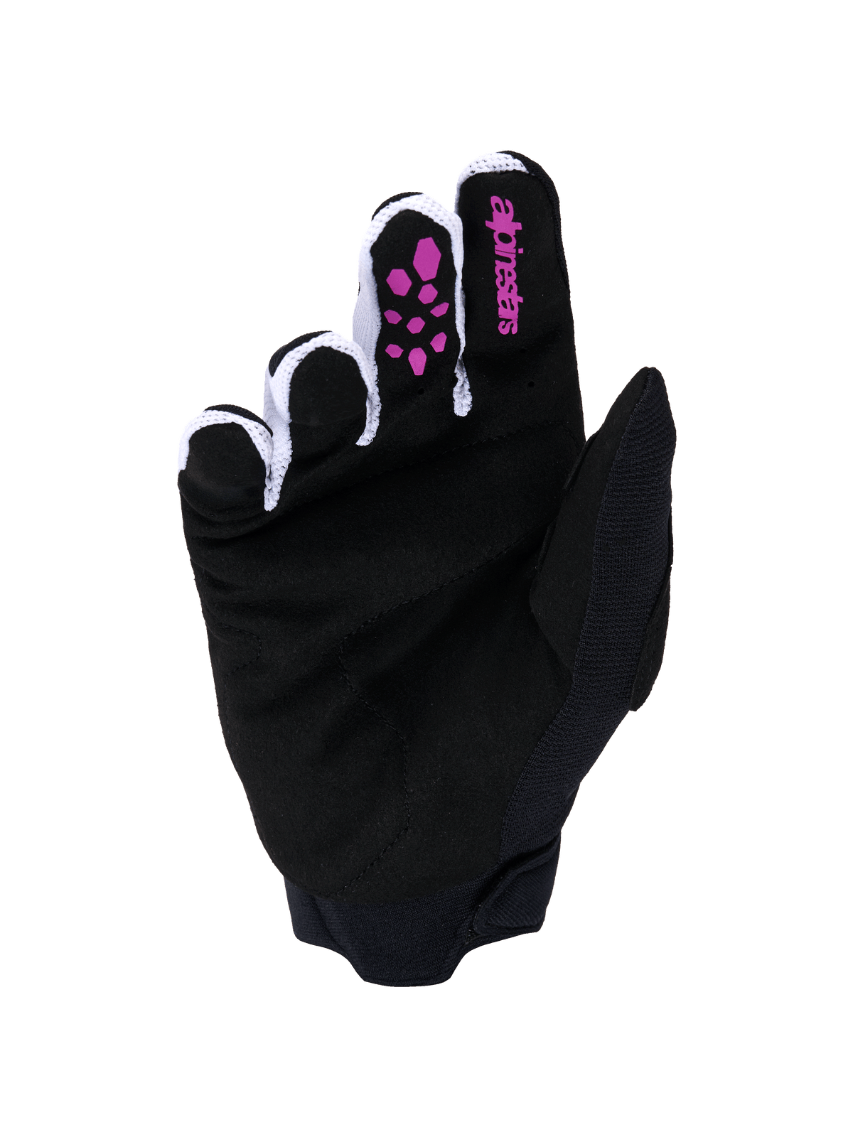 Alpinestars Full Bore V2 Handschuhe, Motocross-Handschuhe, Lila und Schwarz, Handflächenansicht mit schwarzem synthetischem Wildleder, lila Silikon-Grip an den Fingern, Alpinestars-Logo auf dem Zeigefinger, weißem belüftetem Mesh-Gewebe zwischen den Fingern und schwarzer Neoprenmanschette