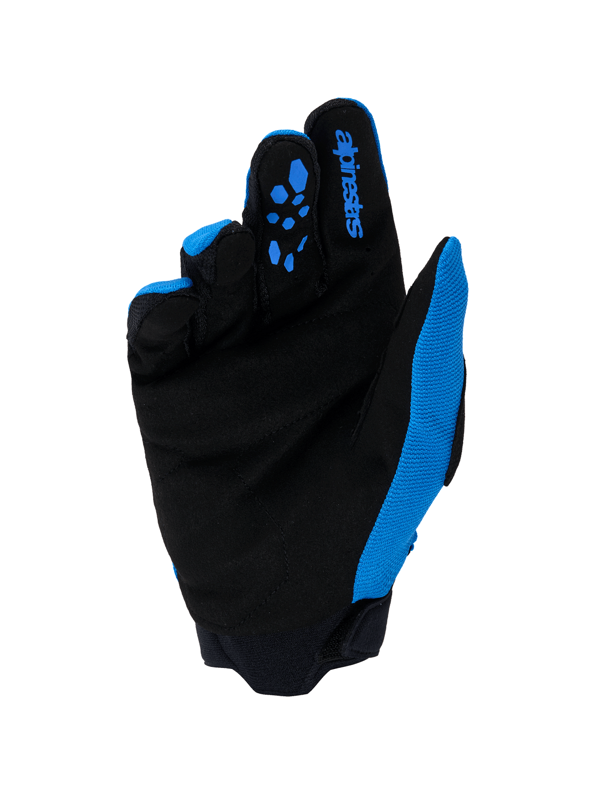 Alpinestars Full Bore V2 Gloves, Motocross Gloves, Ucla Blue and Black, palm view featuring reinforced synthetic suede, blue silicone grip patterns on fingers, Alpinestars logo branding, and durable neoprene cuff