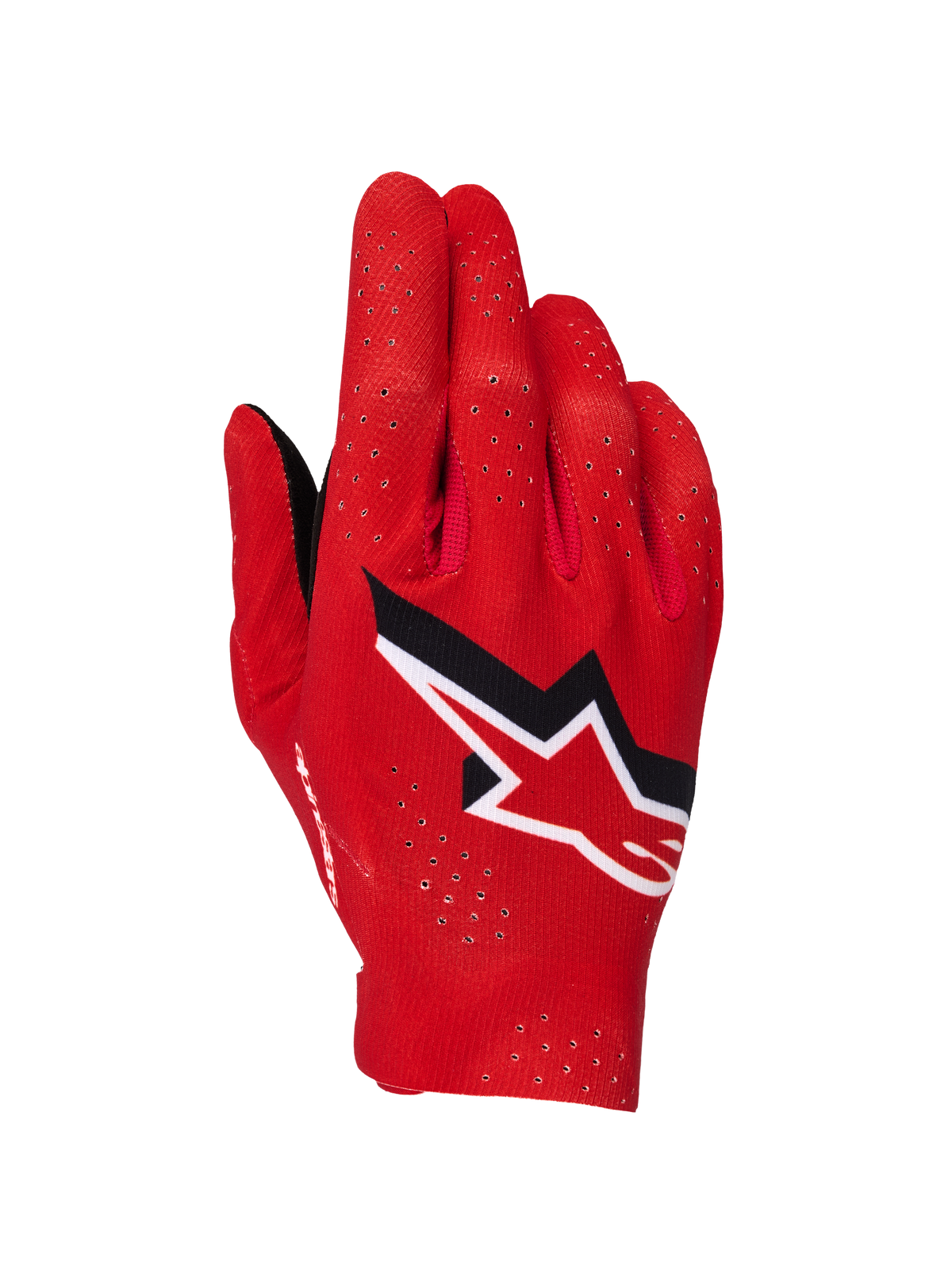 Alpinestars Supertech MX Handschuhe, Motocross-Handschuhe, Fire Red, Schwarz und Weiß, Ansicht der Oberhand mit Laser-Perforationen zur Belüftung, markantes weiß-schwarzes Alpinestars-Sternlogo, leichtes Stretch-Gewebe für Offroad-Rennsport
