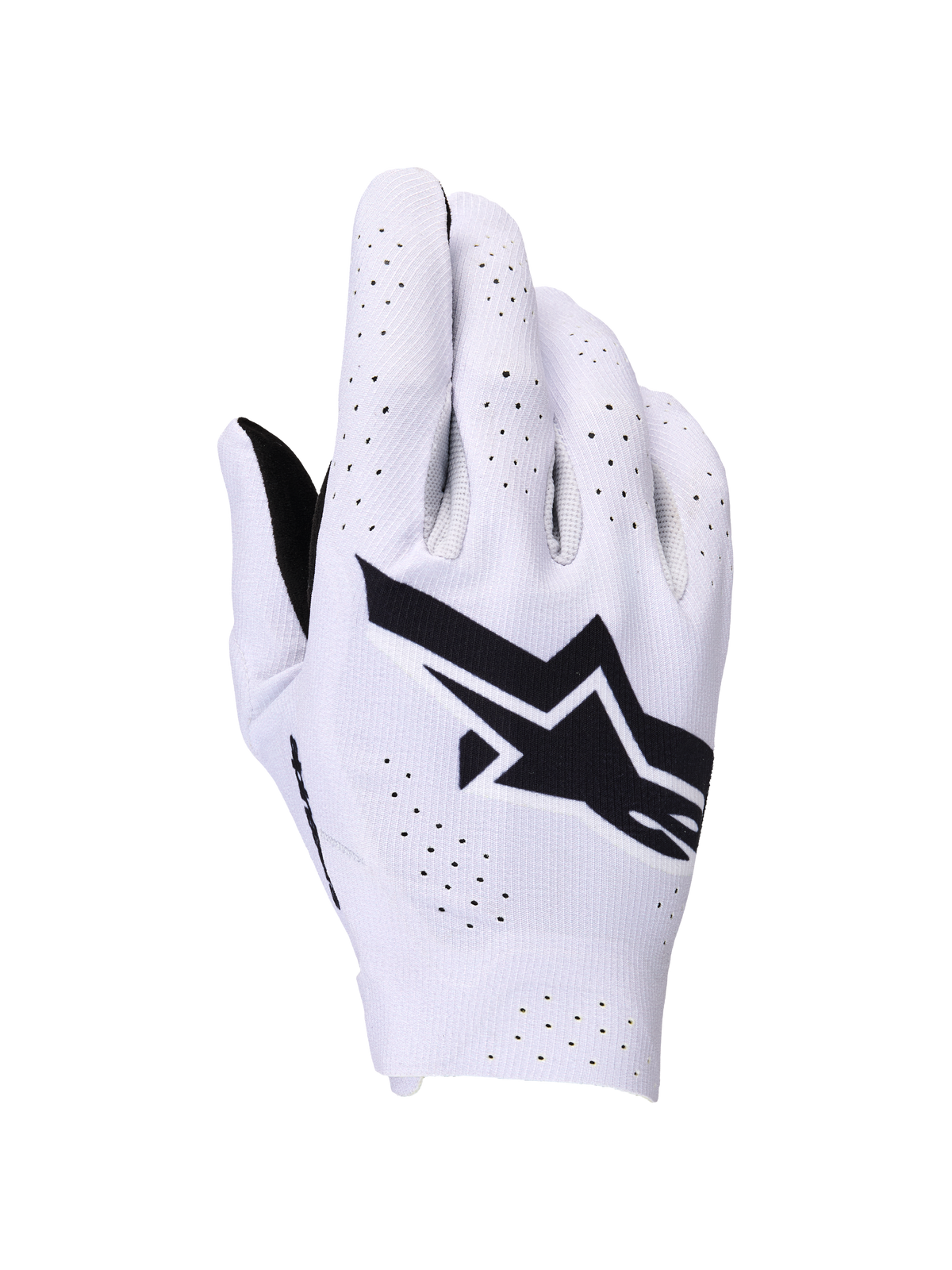 Alpinestars Supertech MX Handschuhe, Motocross-Handschuhe, Helllila und Schwarz, Handrückenansicht mit großem schwarzem Alpinestars-Logo und lasergeschnittenen Perforationen für Luftzirkulation, leichte einlagige Stretch-Konstruktion für den Offroad-Rennsport.