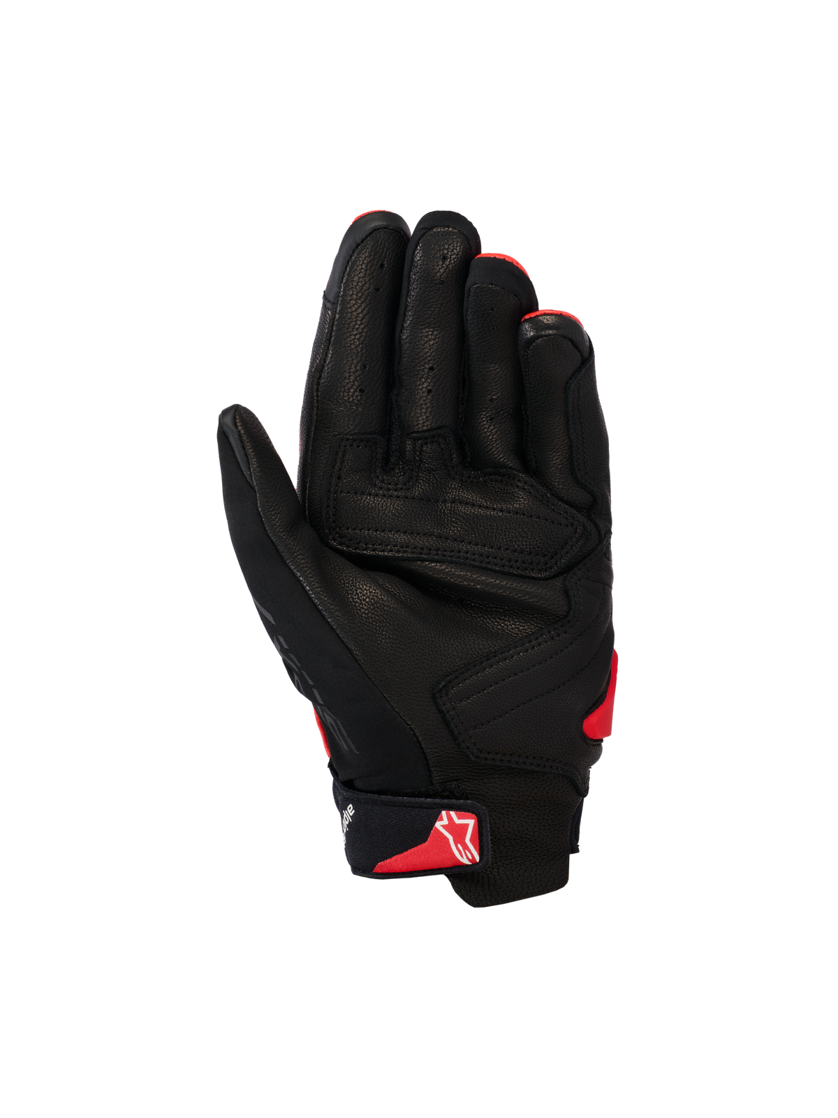 Alpinestars SP X 7 Gloves, Short-Cuff Motorcycle Gloves, Black and Bright Red, palm view showing perforated leather construction, reinforced palm panels, and red Astars logo on the wrist strap
