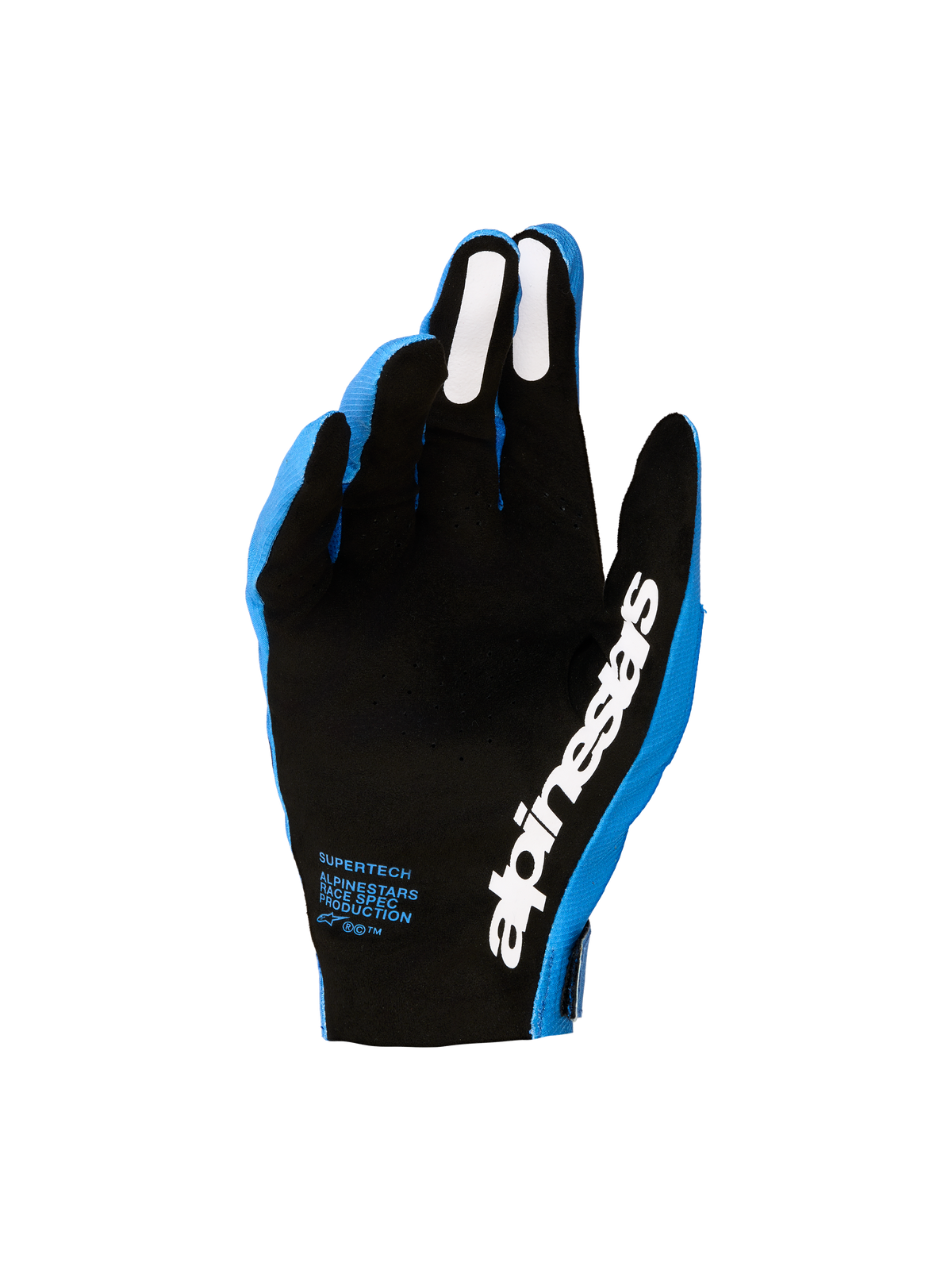 Alpinestars Supertech MX Handschuhe, Herren-Motocross-Handschuhe in Blau und Schwarz, mit perforierter Handfläche und weißem Silikongriff.
