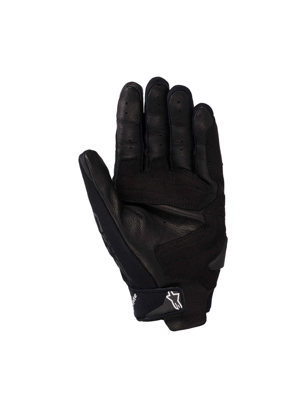 Alpinestars SP X 5 Air Handschuhe, Motorradhandschuhe, Schwarz, Handflächenansicht mit perforiertem Leder, verstärkten Handflächen-Slidern und verstellbarem Handgelenkriemen mit weißem Stern-Logo, sportliche Schutzausrüstung