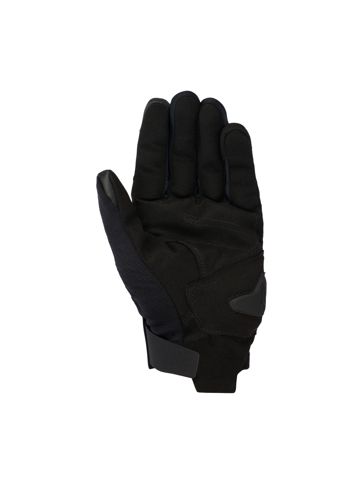 Alpinestars Reef V2 Handschuhe, Schwarze Urban-Motorradhandschuhe, Handflächenansicht mit Konstruktion aus synthetischem Wildleder und verstärkter Polsterung, kurze Stulpe mit Klettverschluss, touchscreen-kompatibler Zeigefinger und Daumen, ergonomisches Design für Straßenfahrten