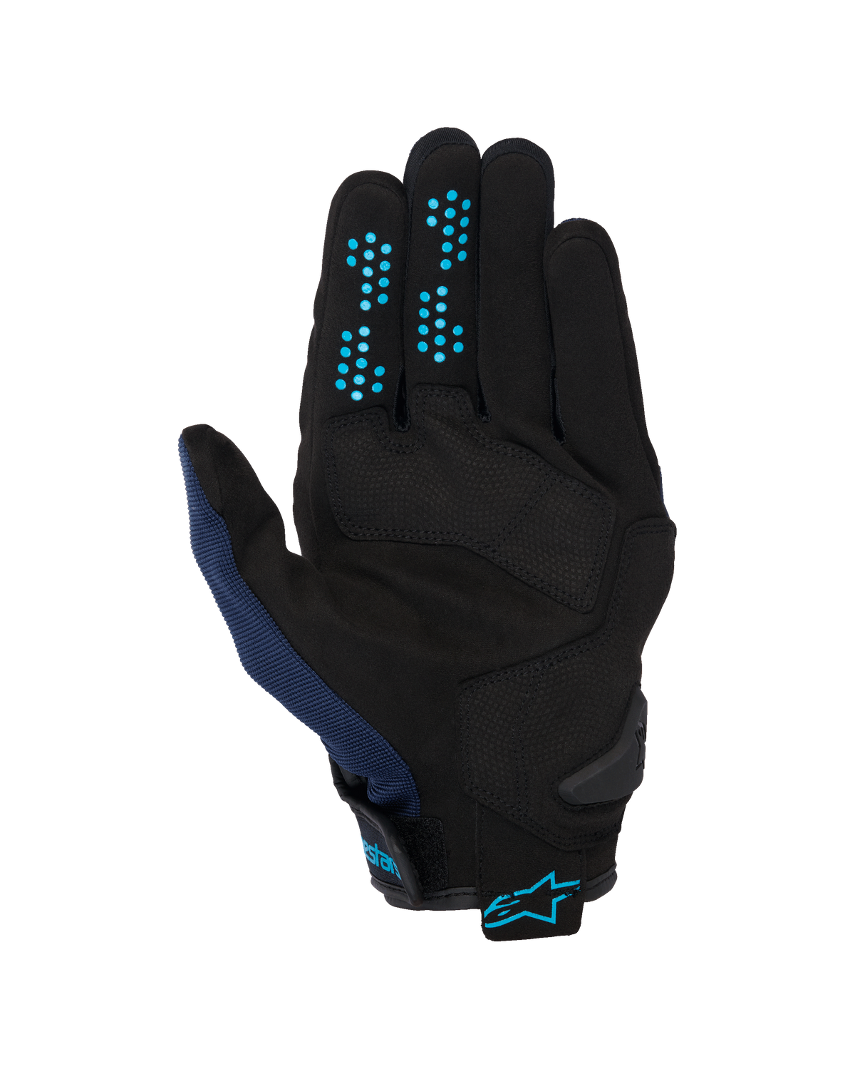 Alpinestars Chrome V2 Handschuhe, Dark Blue Hawaiian Ocean, Handflächenansicht, schwarze Konstruktion aus synthetischem Wildleder mit blauen Silikon-Grip-Punkten an den Fingern, atmungsaktives Mesh am Daumen und verstellbarer Bund mit blauem Alpinestars-Logo.