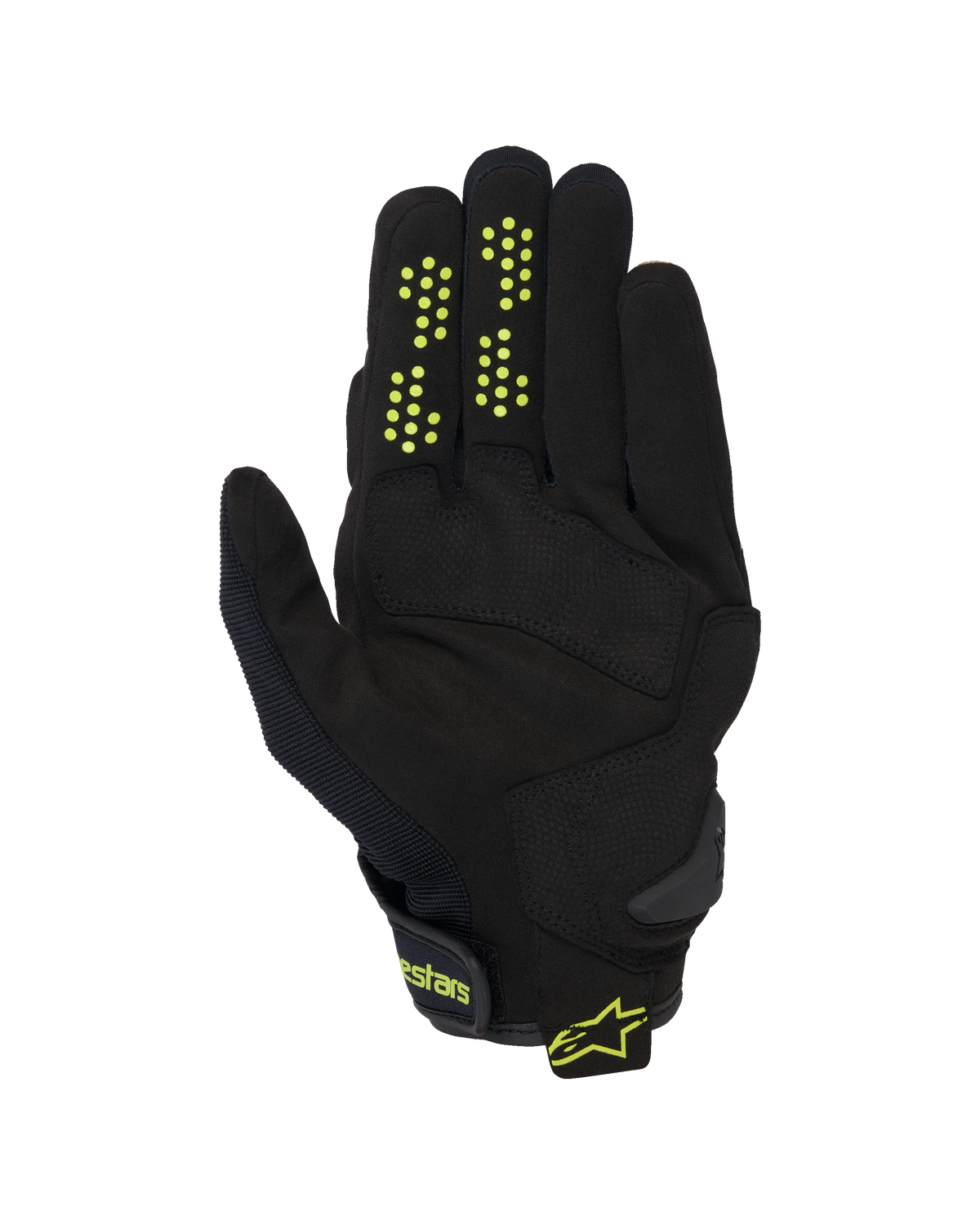 Alpinestars Chrome V2 Handschuhe, Kurzstulpen-Motorradhandschuhe, Schwarz mit neongelben Akzenten, Handflächenansicht mit Konstruktion aus synthetischem Wildleder, Silikon-Grip-Punkten an den Fingern und Klettverschluss am Handgelenk mit Alpinestars-Branding.