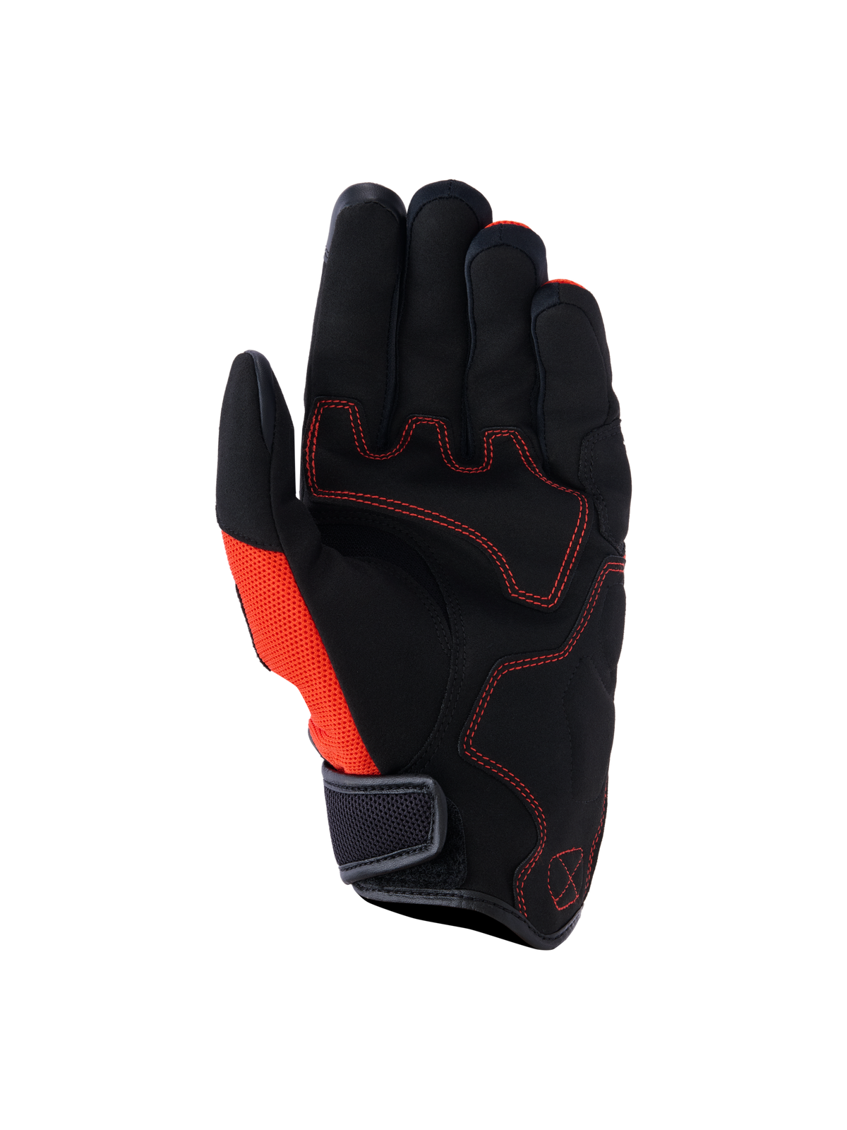 Alpinestars Ignite Gloves, Palm View, Black and Red Tangerine, synthetic suede palm with red contrast stitching, mesh side panel, short cuff with hook-and-loop strap, urban motorcycle commuting gear