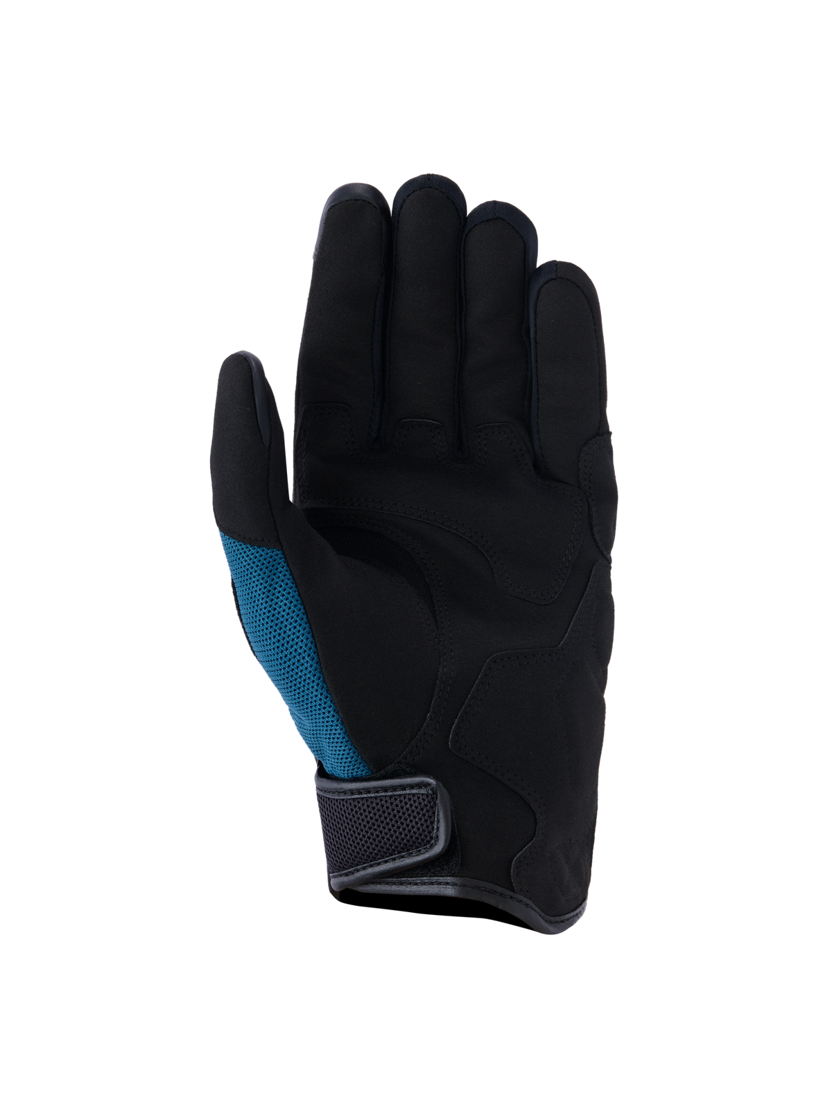 Alpinestars Ignite Gloves, Urban Motorcycle Gloves, Indigo Blue and Black, palm view featuring synthetic suede with strategic padding, teal mesh side panel, and short-cuff design with hook-and-loop closure