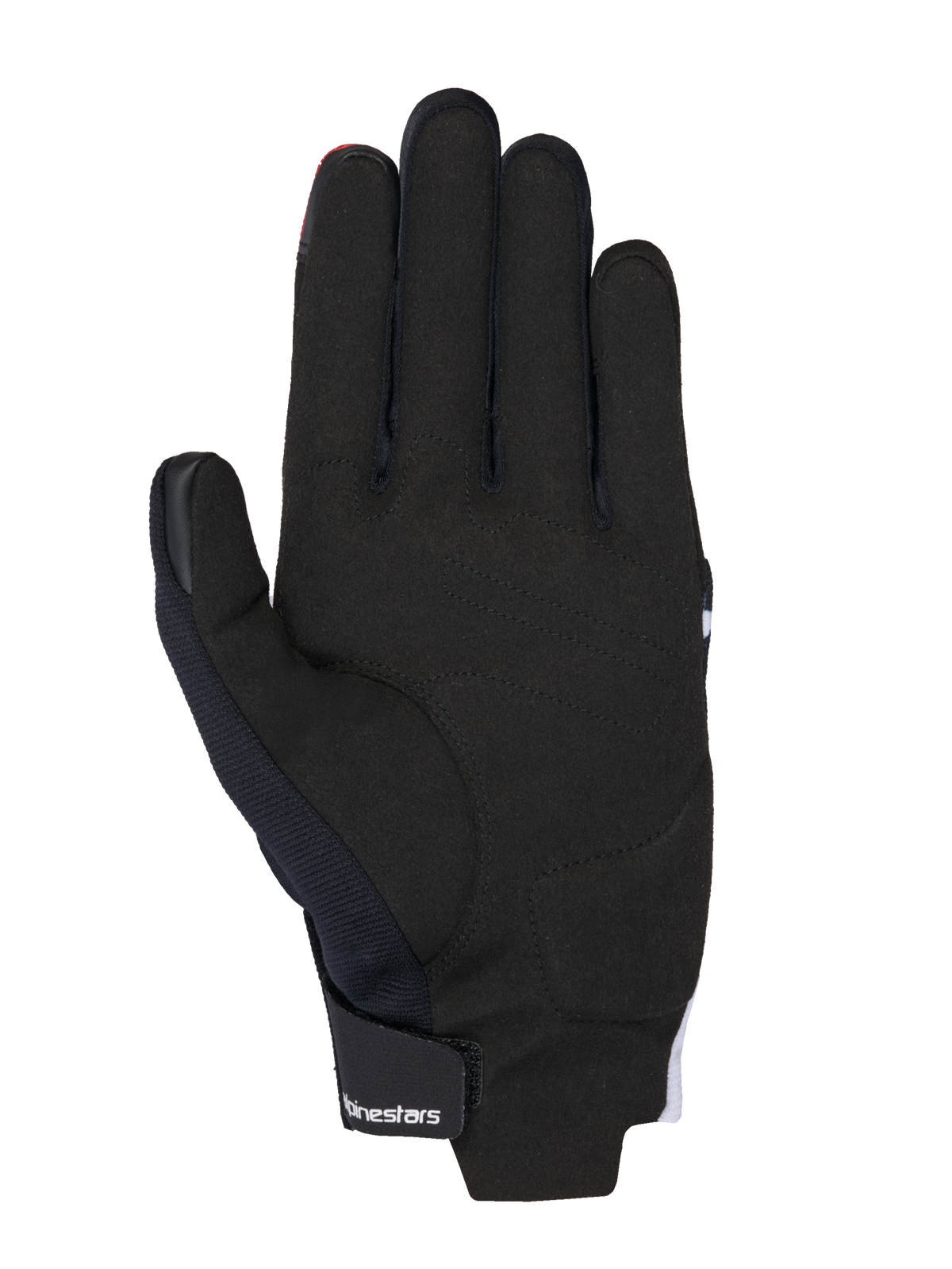Alpinestars MM93 Reef V2 Handschuhe, Handflächenansicht, Schwarz mit leuchtend roten und weißen Akzenten, verfügt über eine Handfläche aus synthetischem Wildleder, gepolsterte Verstärkungen und einen Klettverschluss am Handgelenk mit Alpinestars-Branding, moderne urbane Motorradausrüstung