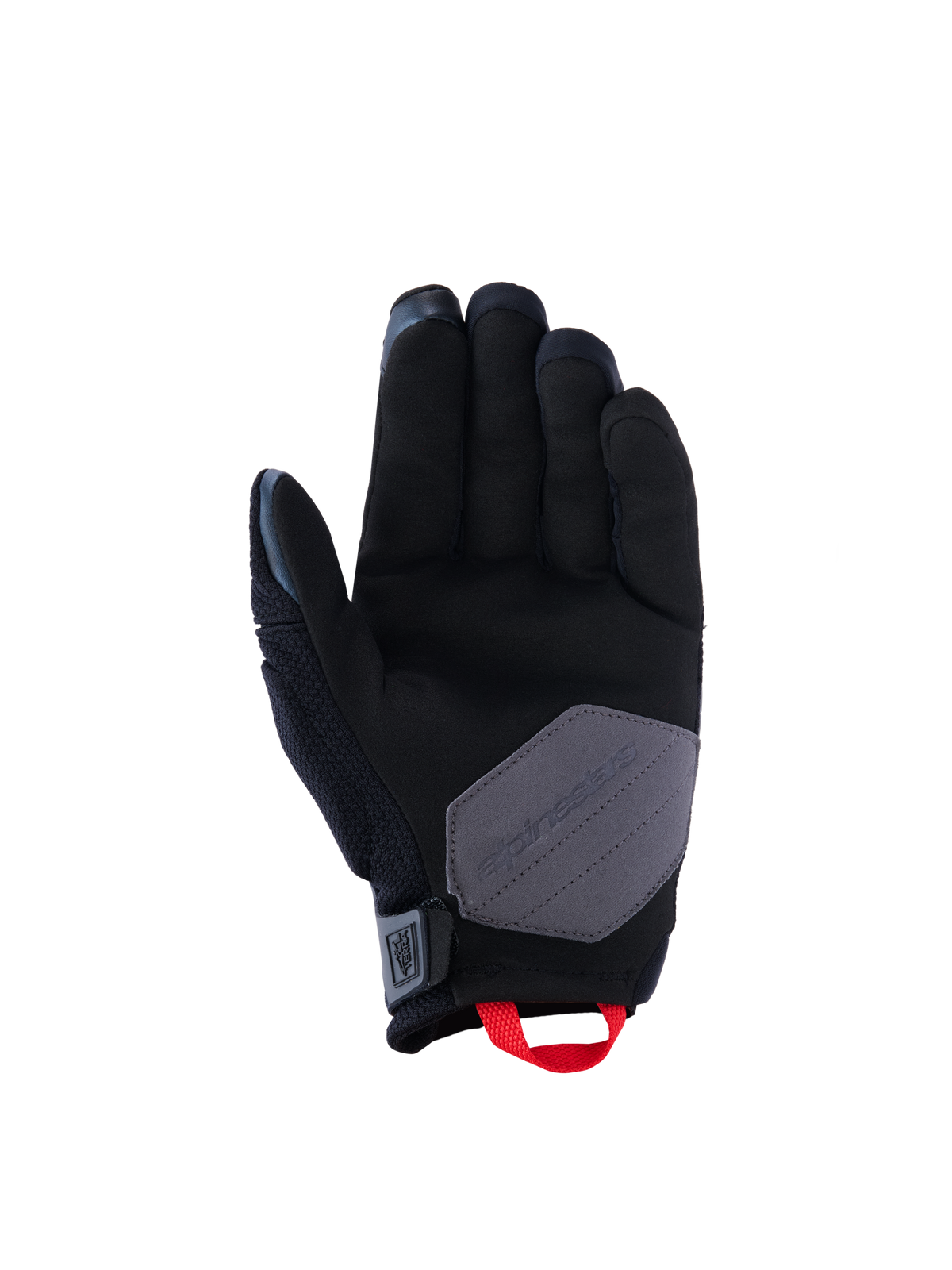 Alpinestars Durack Handschuhe, Motorradhandschuhe, Schwarz, Dunkelgrau und Leuchtend Rot, Handflächenansicht mit Konstruktion aus synthetischem Wildleder, grauem Verstärkungspatch und leuchtend roter Anziehschlaufe, Adventure- und Dual-Sport-Fahrerausrüstung