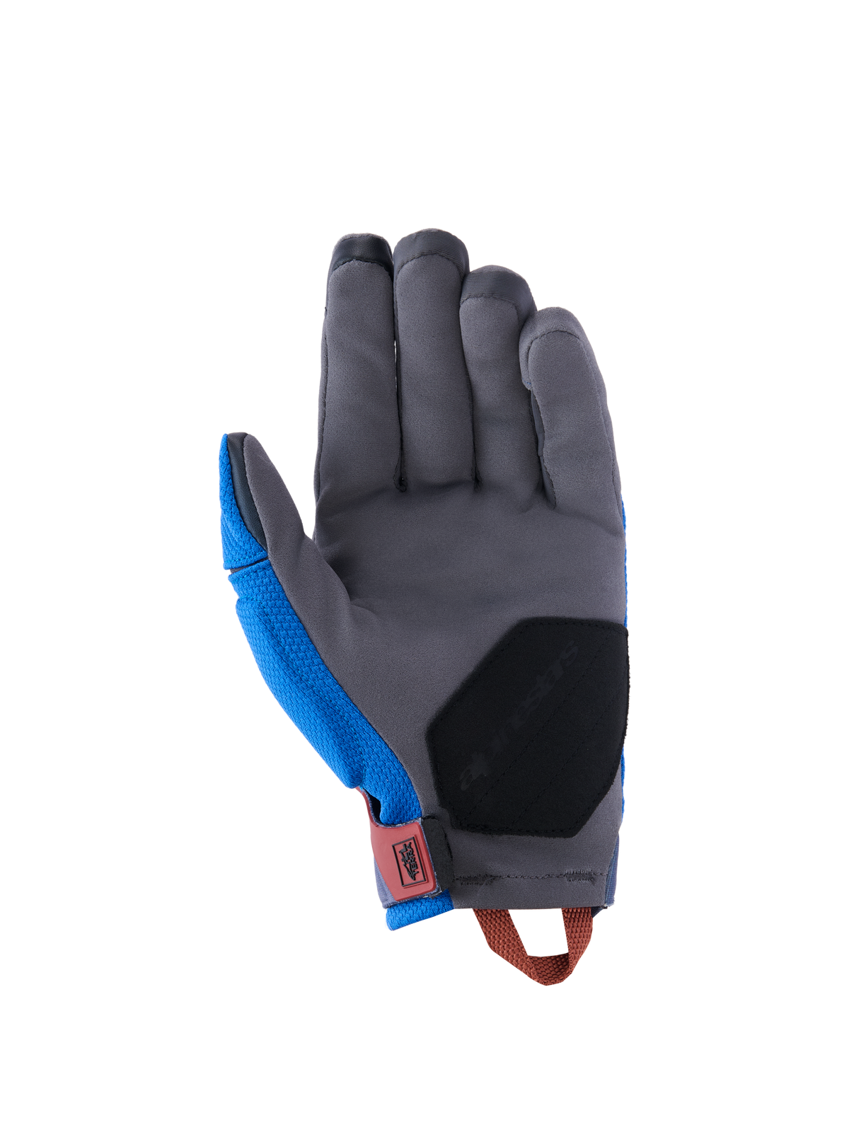 Alpinestars Durack Handschuhe, Adventure-Motorradhandschuhe, Royalblau und Dunkelgrau, Handflächenansicht mit grauer Konstruktion aus synthetischem Wildleder, schwarzer Verstärkungspolsterung am Handballen, roter Handgelenklasche und orangefarbener Anziehschlaufe.