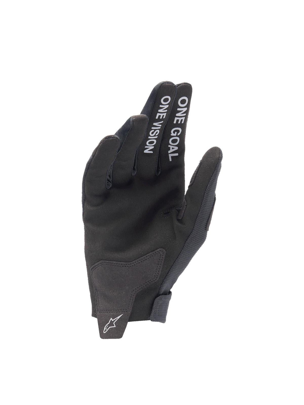 Alpinestars 2025 Radar Handschuhe, Motocross-Handschuhe, Schwarz, synthetische Wildlederhandfläche, One Goal One Vision Text.