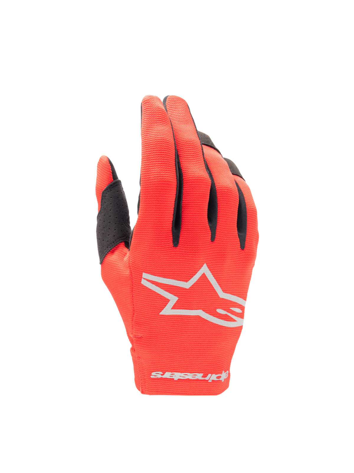 Alpinestars 2025 Radar Motocross-Handschuhe für Herren, Marsrot und Silber, leichter Stretch-Handrücken mit Stern-Logo.
