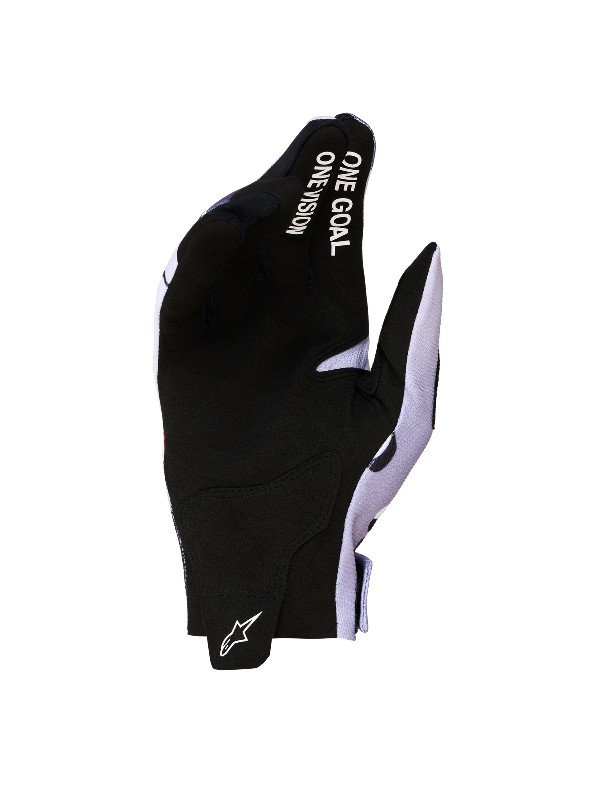 Alpinestars Radar Handschuhe 2027, schwarz-graue Motocross-Handschuhe mit synthetischer Wildlederhandfläche und One Goal One Vision Branding.