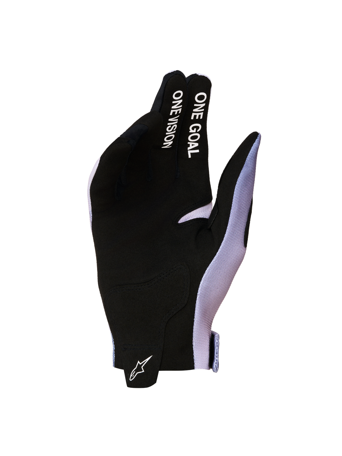 Alpinestars Radar Handschuhe 2027, MX-Handschuhe, Schwarz und Lila, synthetisches Wildleder, One Goal One Vision Schriftzug.