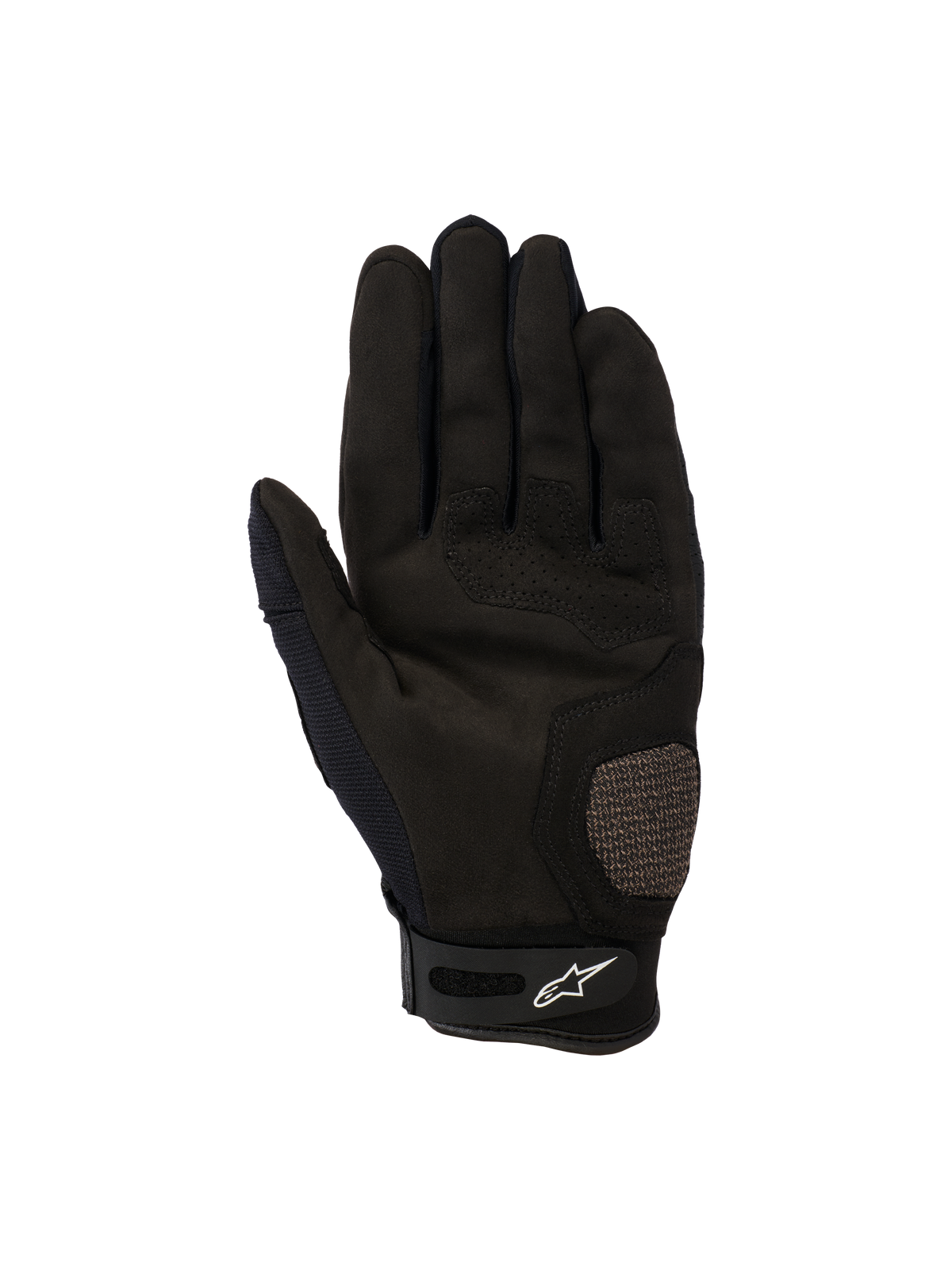Alpinestars Megawatt V2 Handschuhe, Motocross- und Enduro-Handschuhe, Schwarz, Handflächenansicht mit verstärkten Daumen- und Handflächenbereichen, perforierten Details für Luftzirkulation und einem Klettverschluss am Handgelenk mit Alpinestars-Logo.