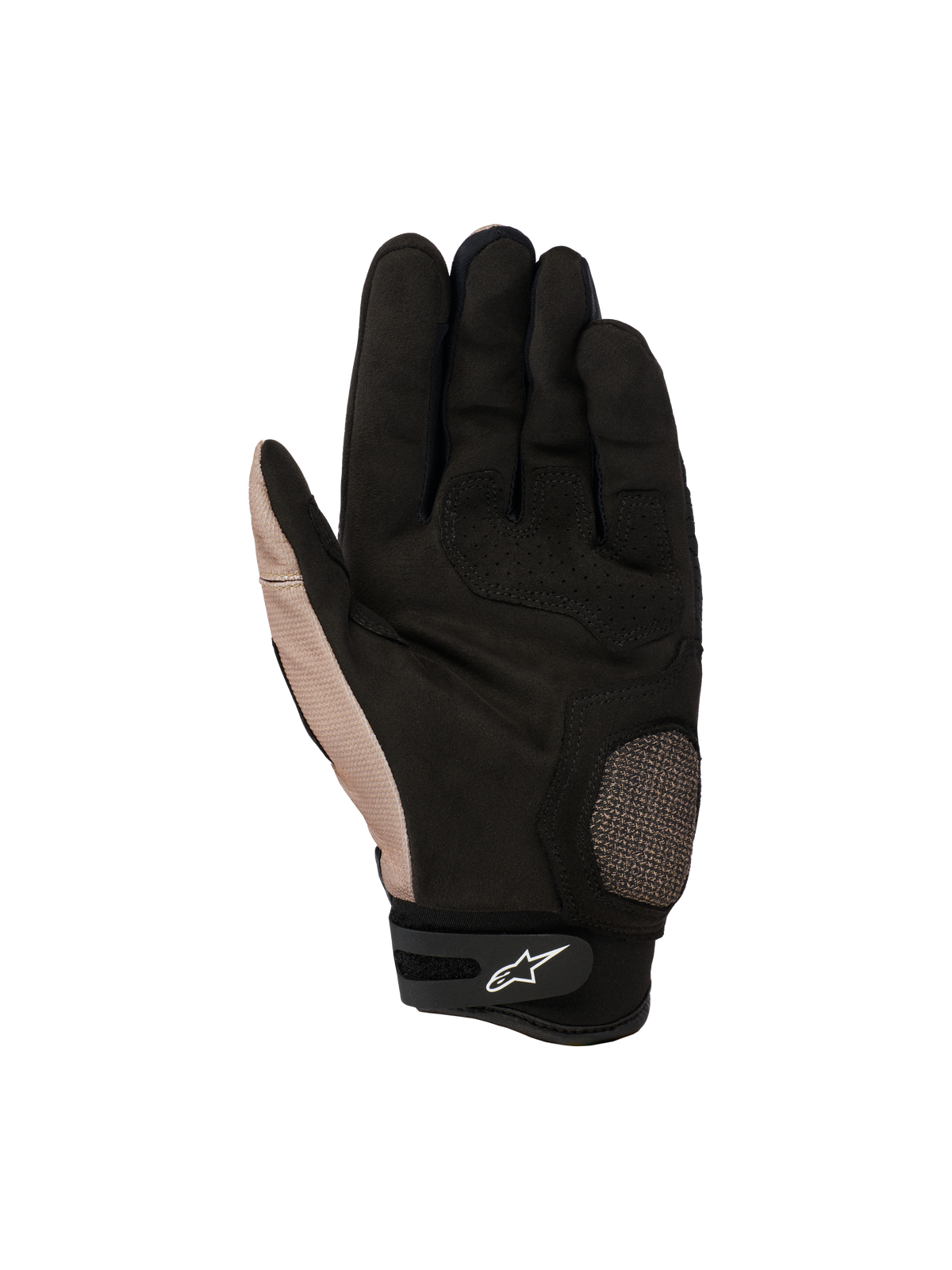 Alpinestars Megawatt V2 Handschuhe, Offroad-Motocross-Handschuhe, Stone Black, Handflächenansicht mit verstärktem Daumen- und Handflächenbereich, strukturierter Grifffläche und Klettverschluss am Handgelenk mit weißem Alpinestars-Logo.