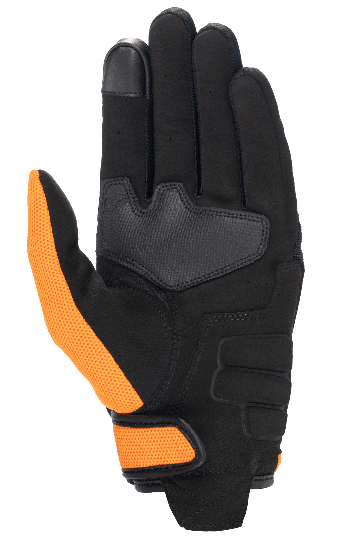 Honda Copper Handschuh, Motorradhandschuh, Schwarz und Orange, Handflächenansicht mit synthetischer Wildleder-Handfläche, orangefarbenem Mesh-Daumen und Handgelenkriemen sowie Touchscreen-kompatibler Zeigefingerspitze.