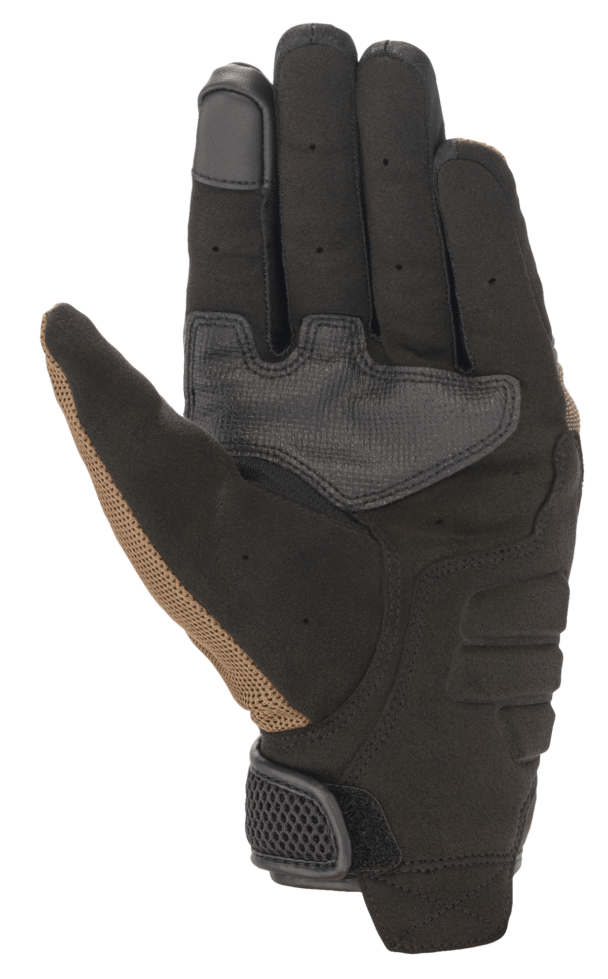Alpinestars Copper Handschuhe, Urbane Motorradhandschuhe, Teak und Schwarz, Handflächenansicht mit synthetischer Wildlederkonstruktion, verstärkten Grip-Einsätzen, Touchscreen-kompatibler Fingerspitze und perforierten Fingerdetails