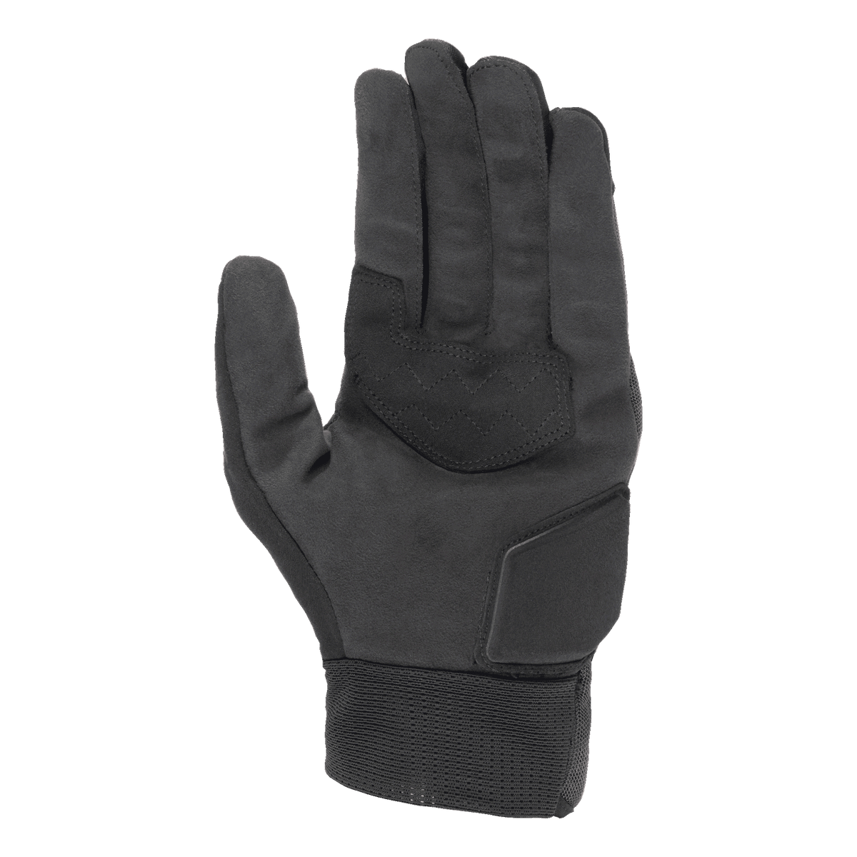 Alpinestars Stated Air Gloves, Black, palm view showing soft synthetic suede texture, reinforced palm with zigzag stitching for grip, padded heel protection, and a ribbed elastic cuff