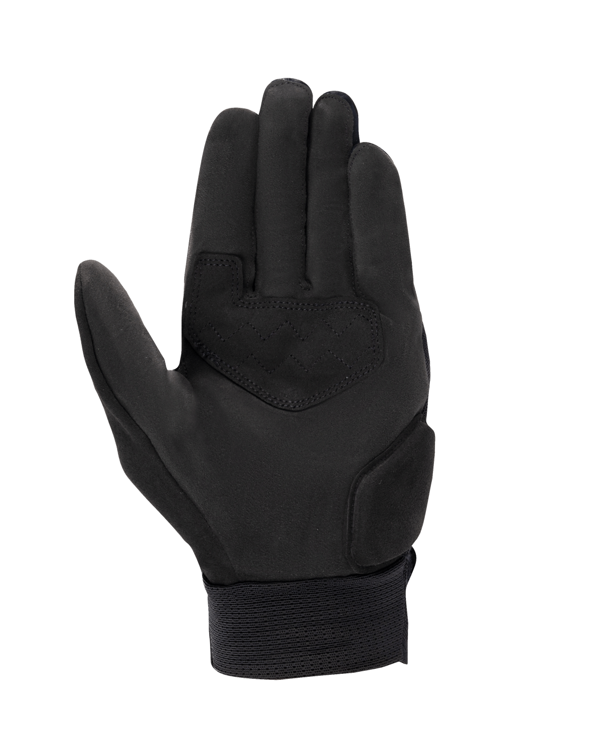 Alpinestars Stated Air Gloves, Motorcycle Gloves, Black, palm view featuring synthetic suede construction, reinforced palm patch with zigzag stitching, and ribbed elastic wrist cuff, urban summer riding gear