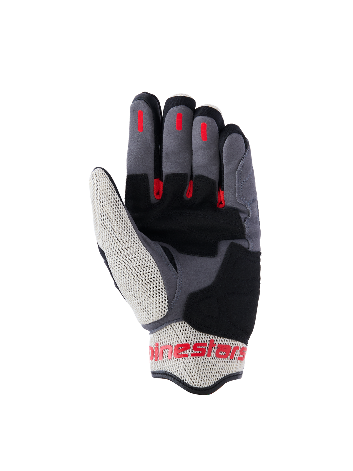 Alpinestars Mogress Airflow Handschuhe, Urban-Motorradhandschuhe, Schwarz, Flammenrot und Ecru, Handflächenansicht mit Verstärkungen aus synthetischem Wildleder, roten Silikon-Griffeinsätzen an den Fingern und atmungsaktiven Mesh-Einsätzen an Daumen und Bündchen.