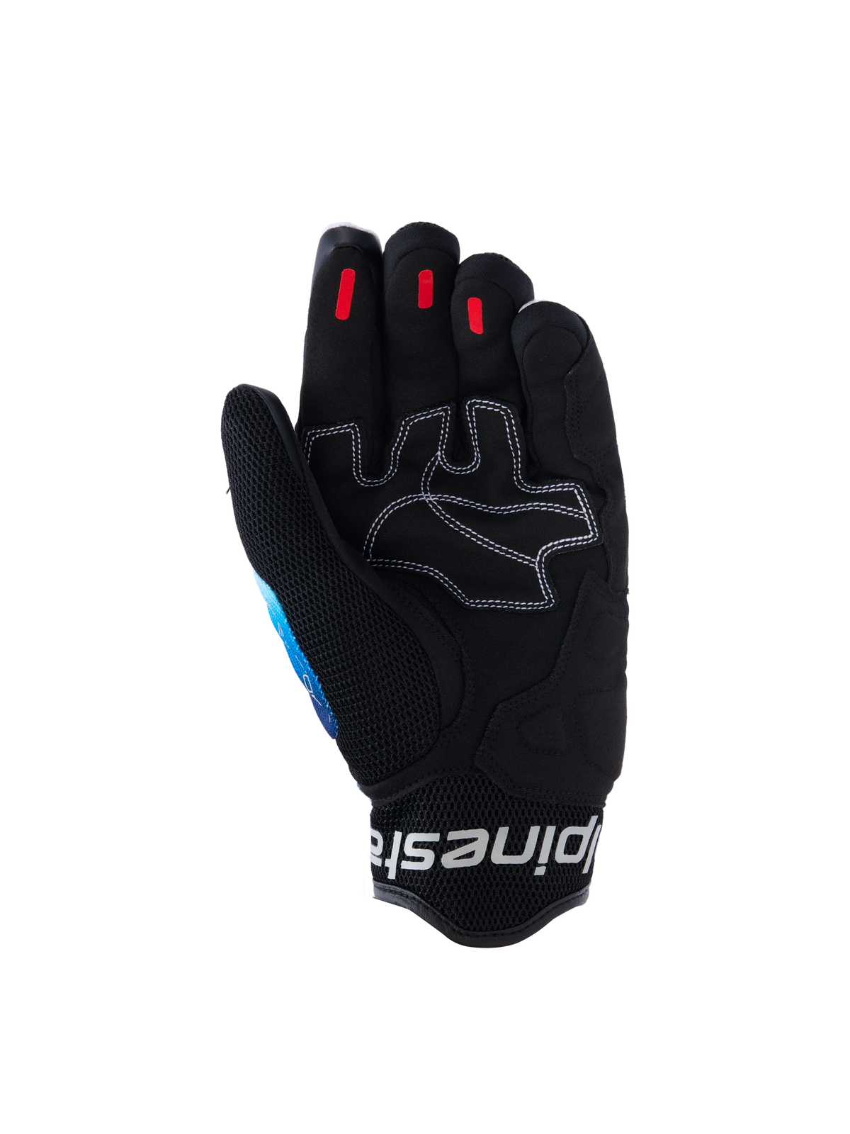 Alpinestars Mogress Airflow Handschuhe, Urbane Motorradhandschuhe, Fading Blau-Schwarz, Handflächenansicht mit verstärktem Kunstleder und weißen Kontrastnähten, roten Silikon-Grip-Einsätzen an den Fingerspitzen und schwarzer 3D-Mesh-Manschette mit weißem Logo-Branding.
